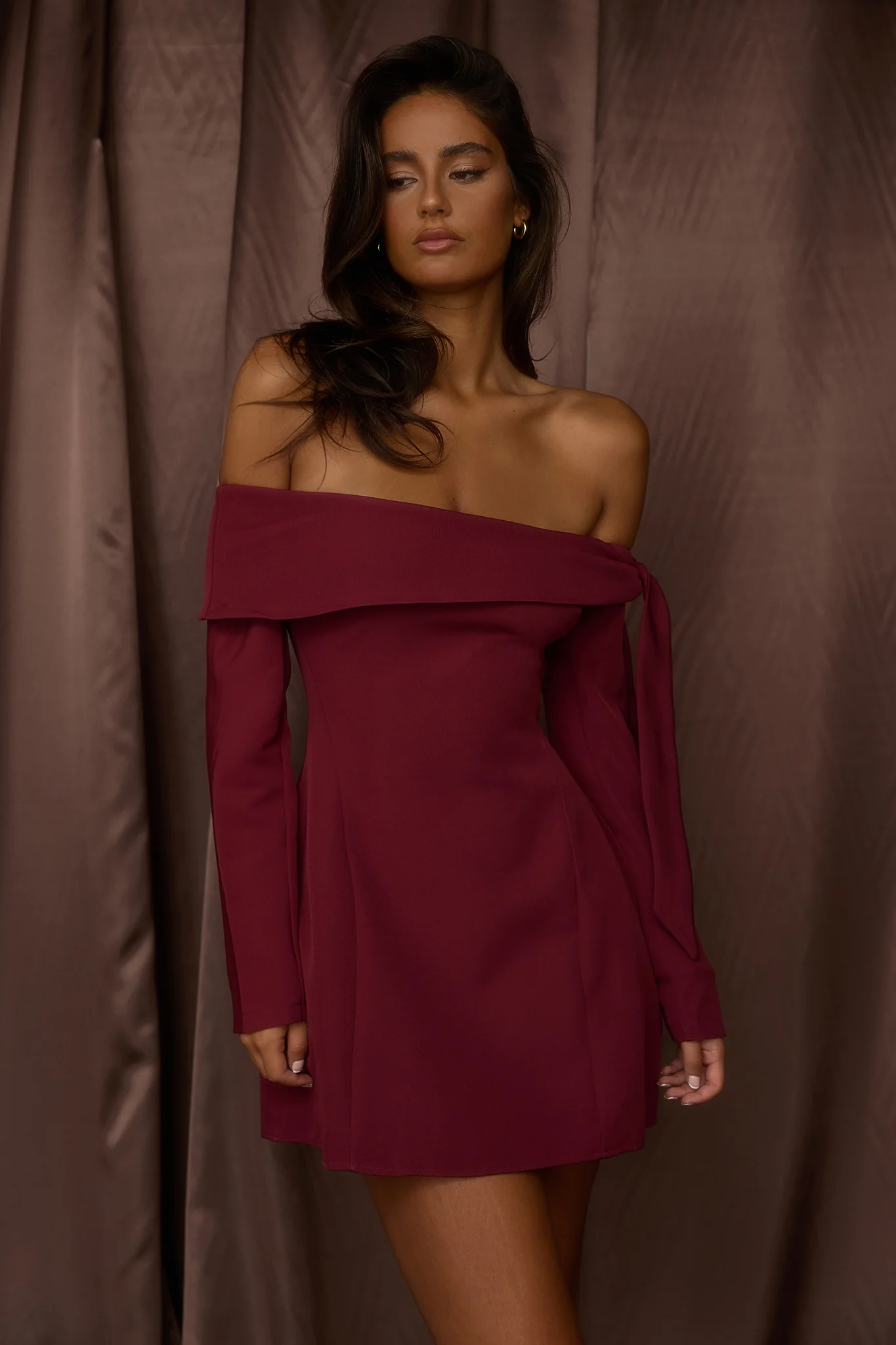 Aurora Sky Off-Shoulder Tie Mini Dress Wine