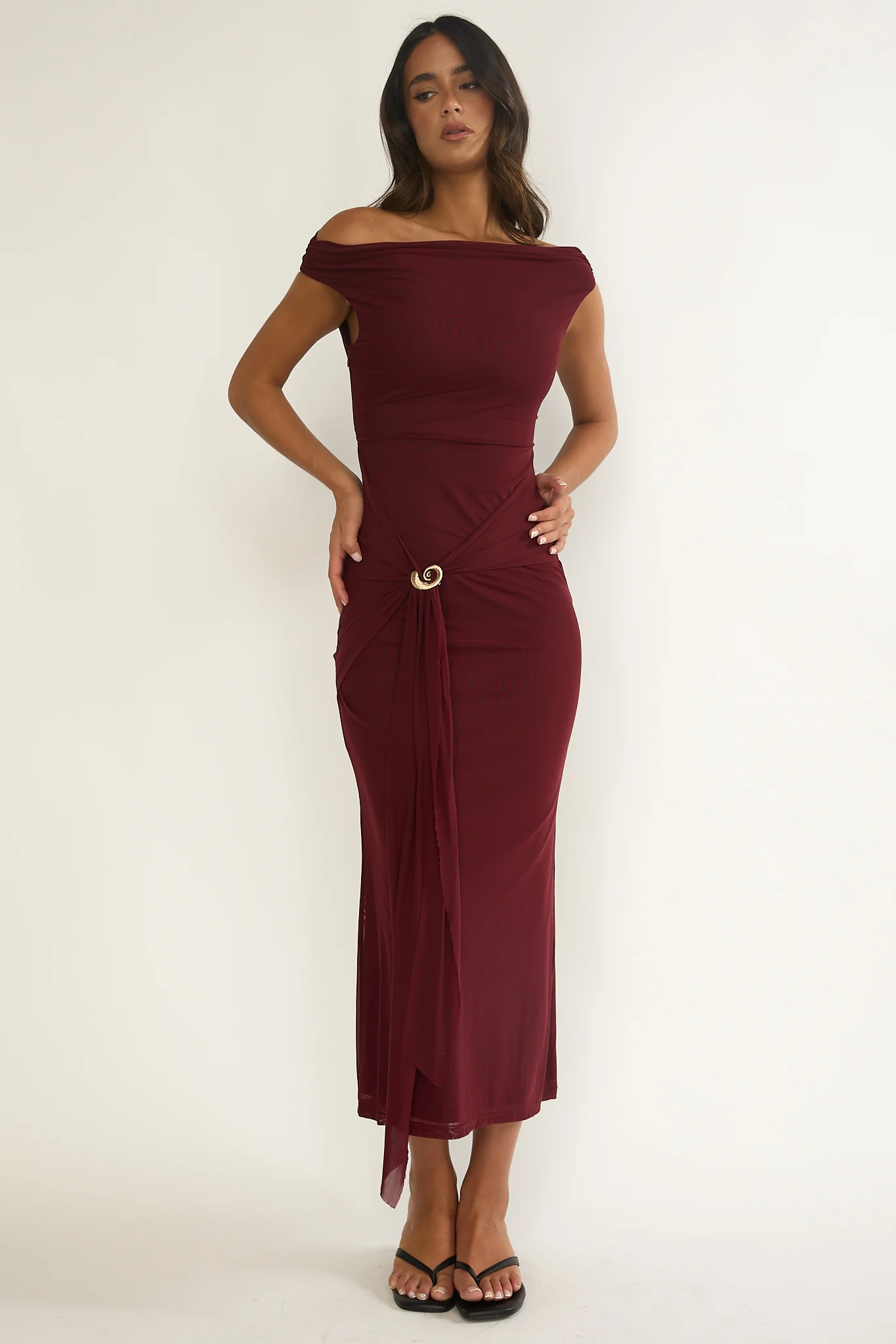 Lyssia Off-Shoulder Waist Sash Maxi Dress Cherry