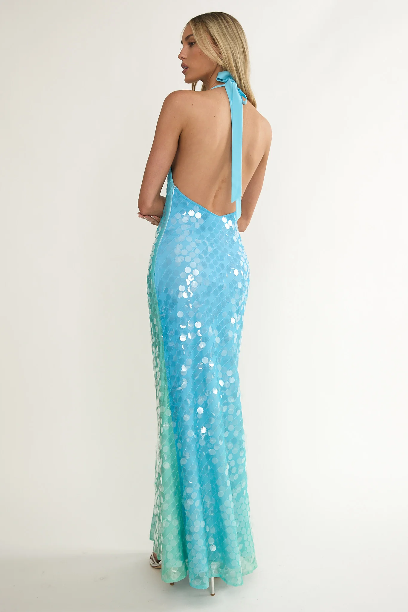 Kirralee Asymmetric Halterneck Sequin Maxi Dress Blue Multi