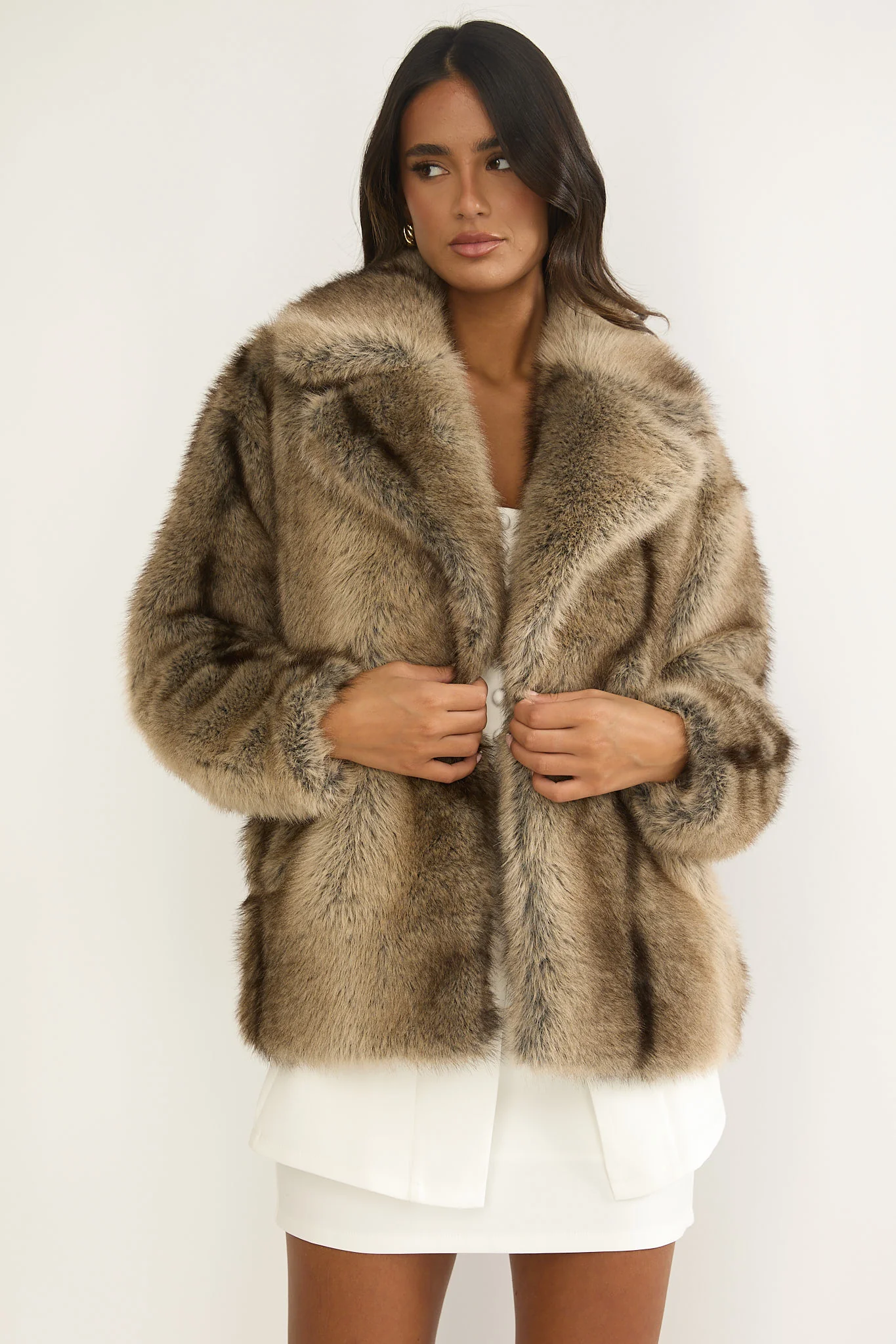 Soraya Notch Lapel Faux Fur Coat Brown