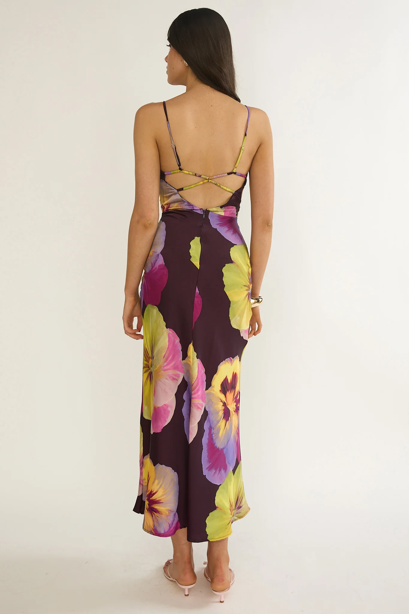 Floating Strappy Low Back Maxi Dress Pansies Plum