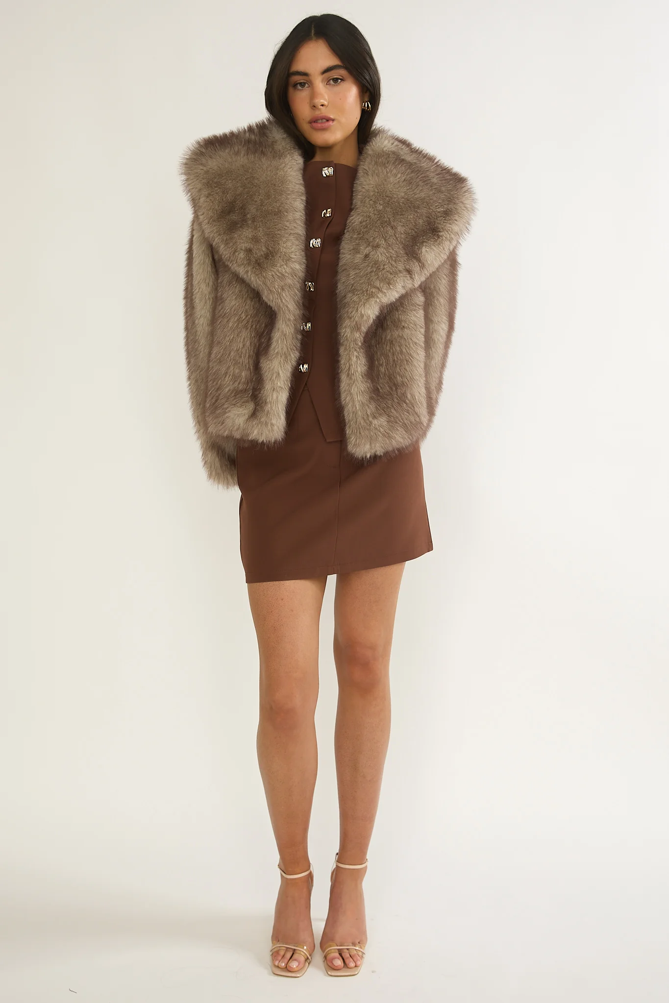 Marella Oversized Lapel Faux Fur Jacket Taupe