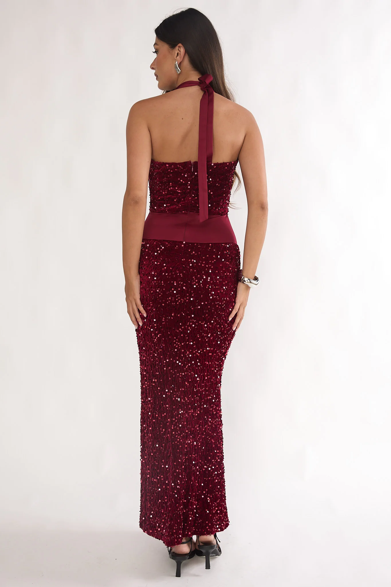 Cabernet Halter Maxi Dress Wine Sequin Wine