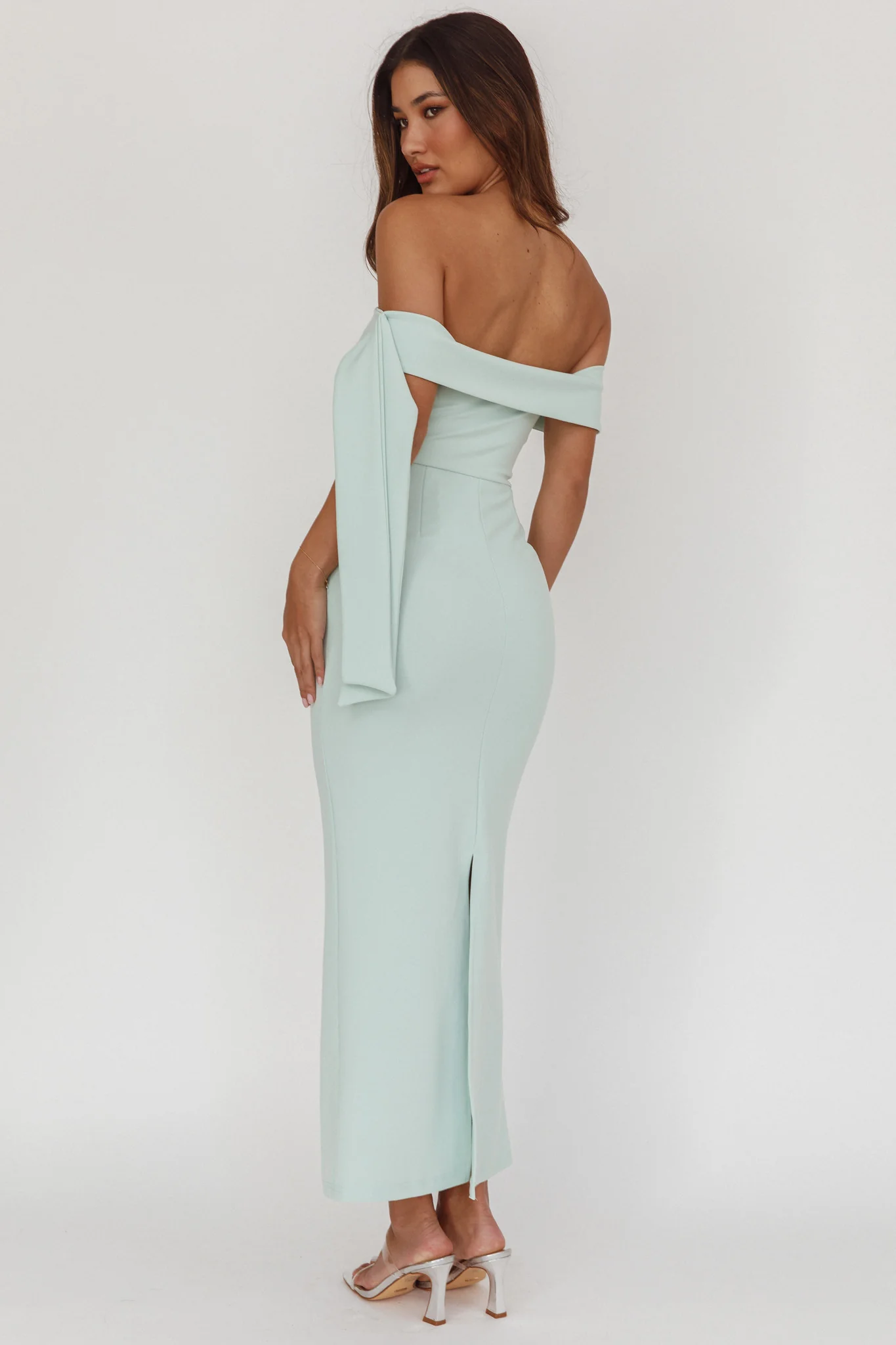 Aurora Sky Off-Shoulder Tie Maxi Dress Sage