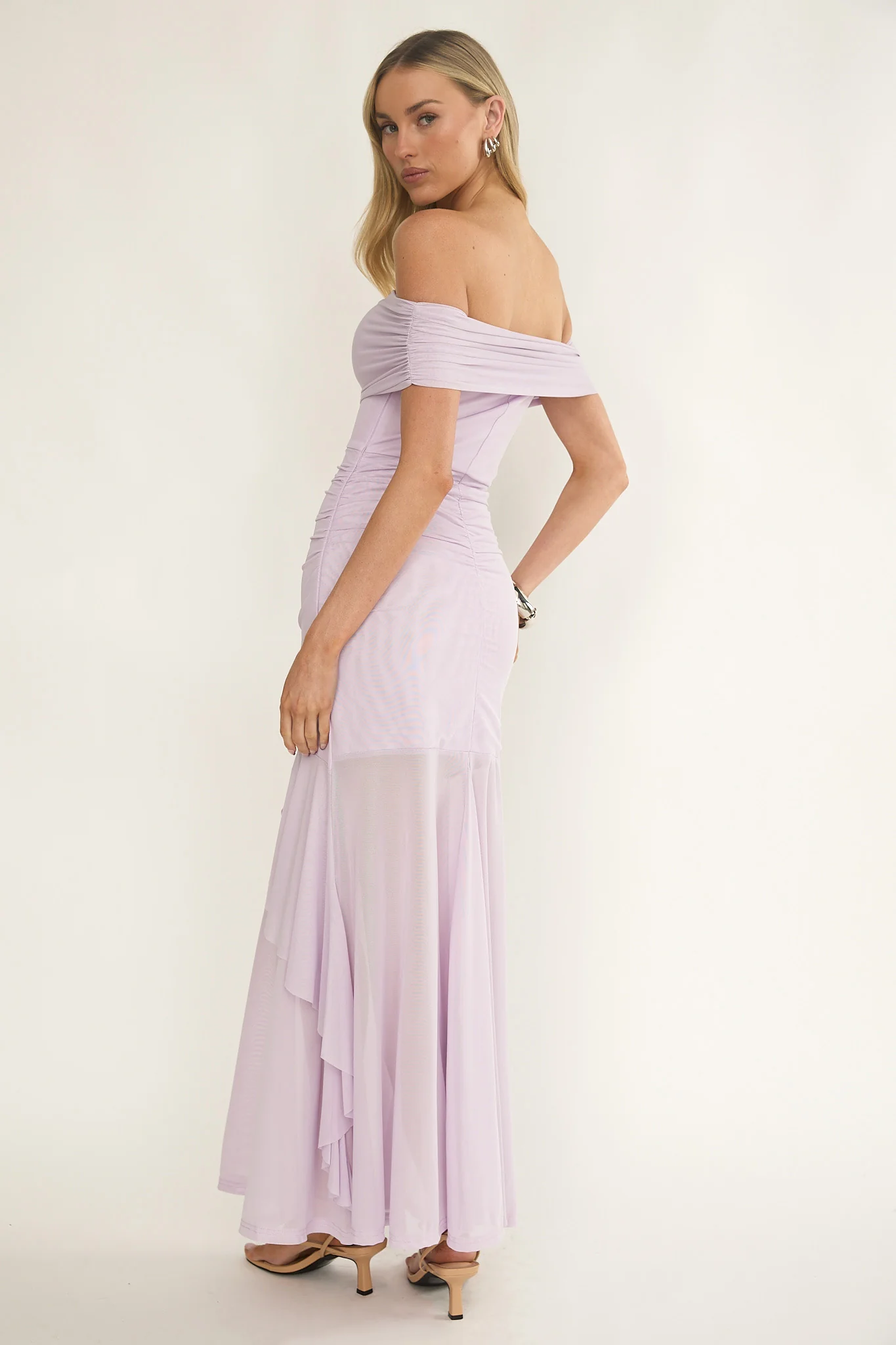 Kiarna Off-Shoulder Mesh Maxi Dress Lilac