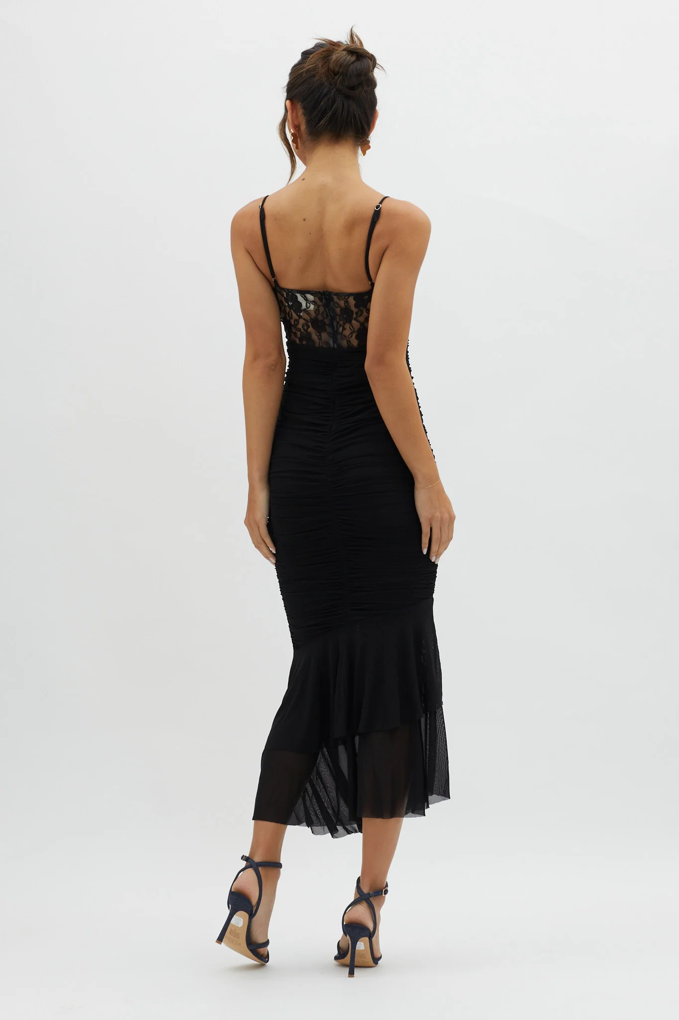 Cherubim Lace Insert Ruched Midi Dress Black