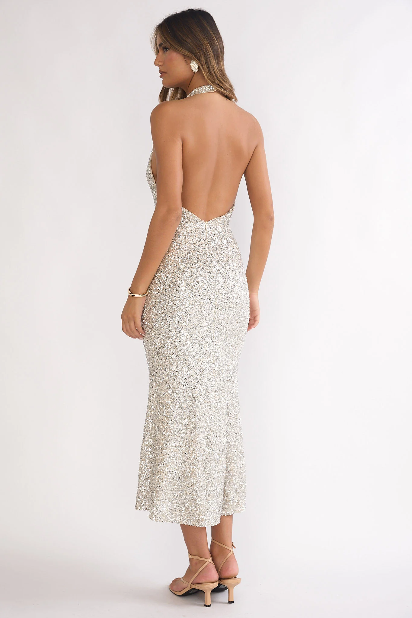 Sky Of Diamonds Backless Midi Dress Sequin Silver