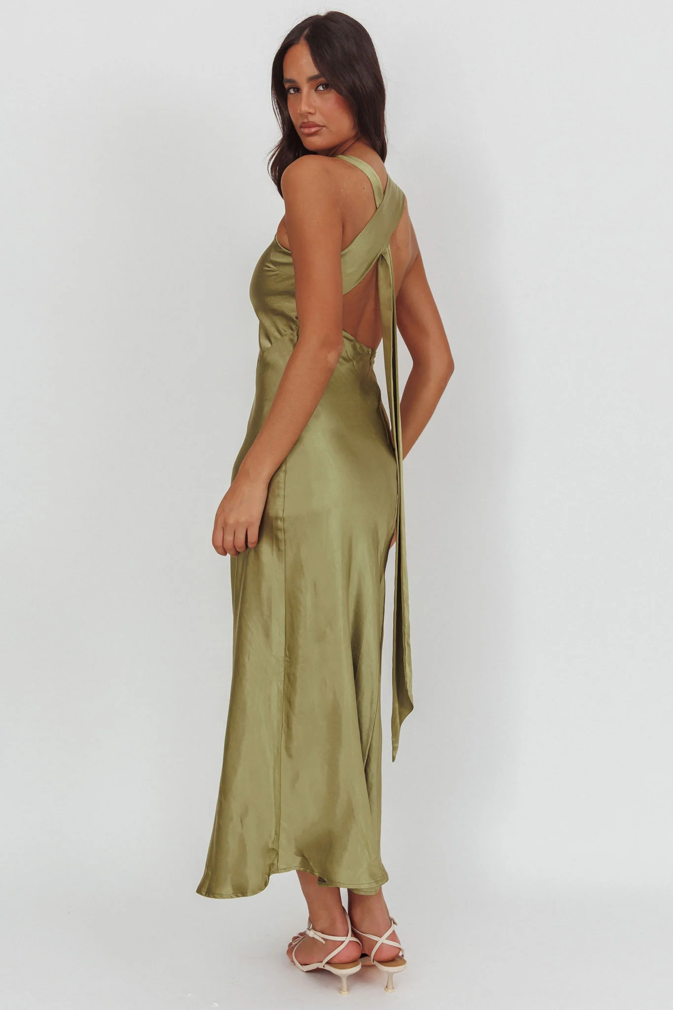 Florisse Asymmetric Neckline Maxi Dress Olive