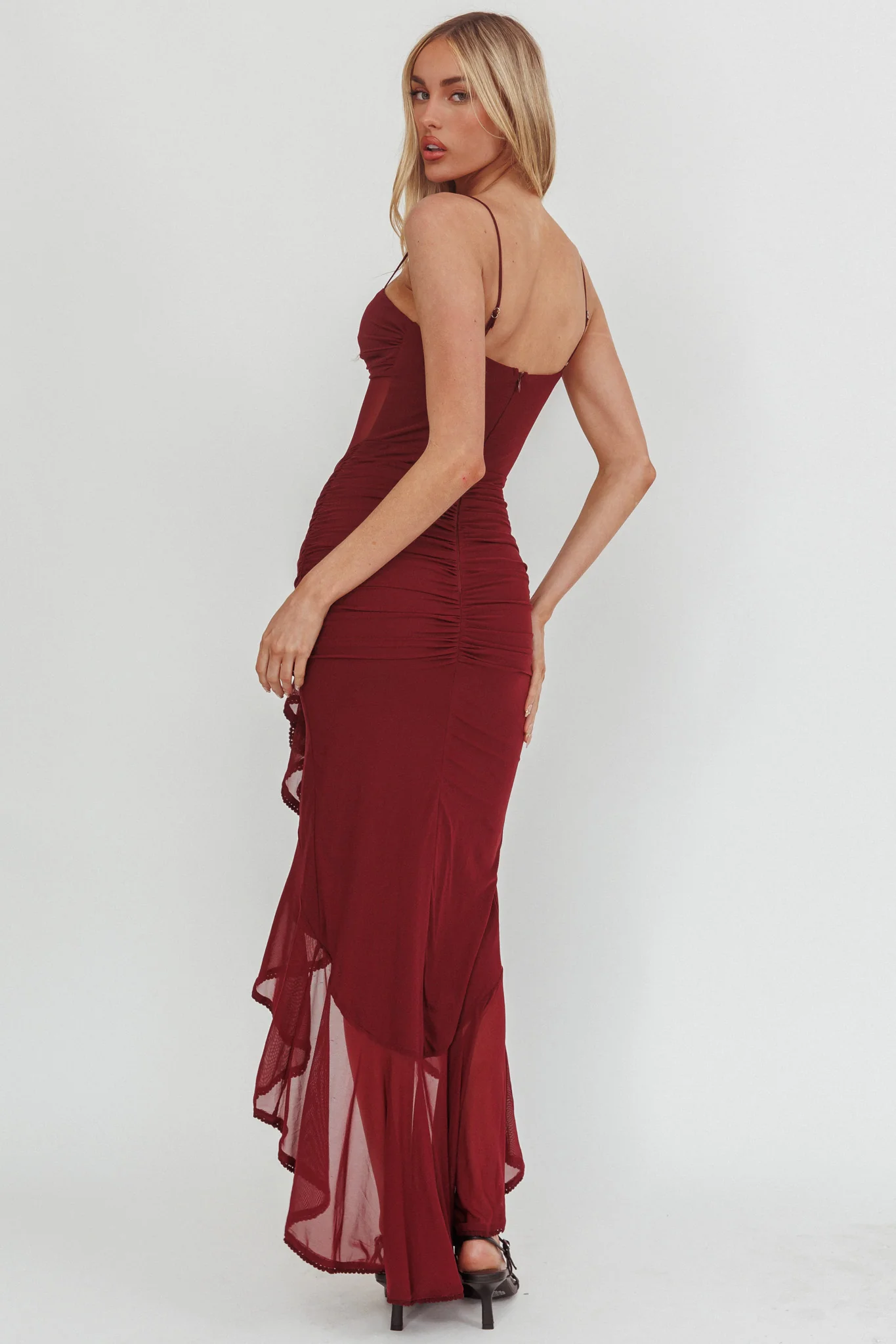 Kamilah Sheer Waist Ruched Ruffle Maxi Dress Wine