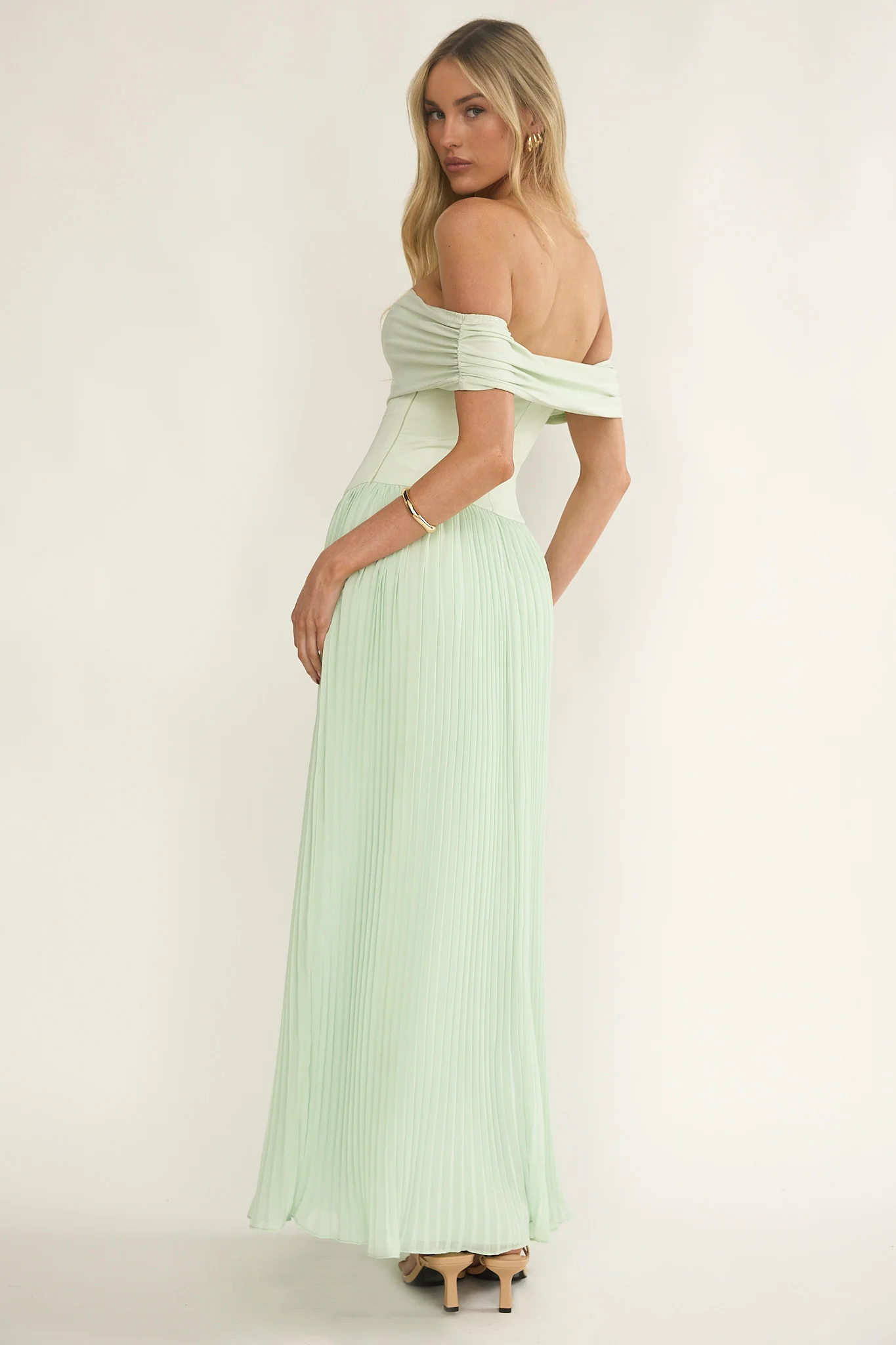 Flutters Off-Shoulder Accordion Pleat Dress Sage