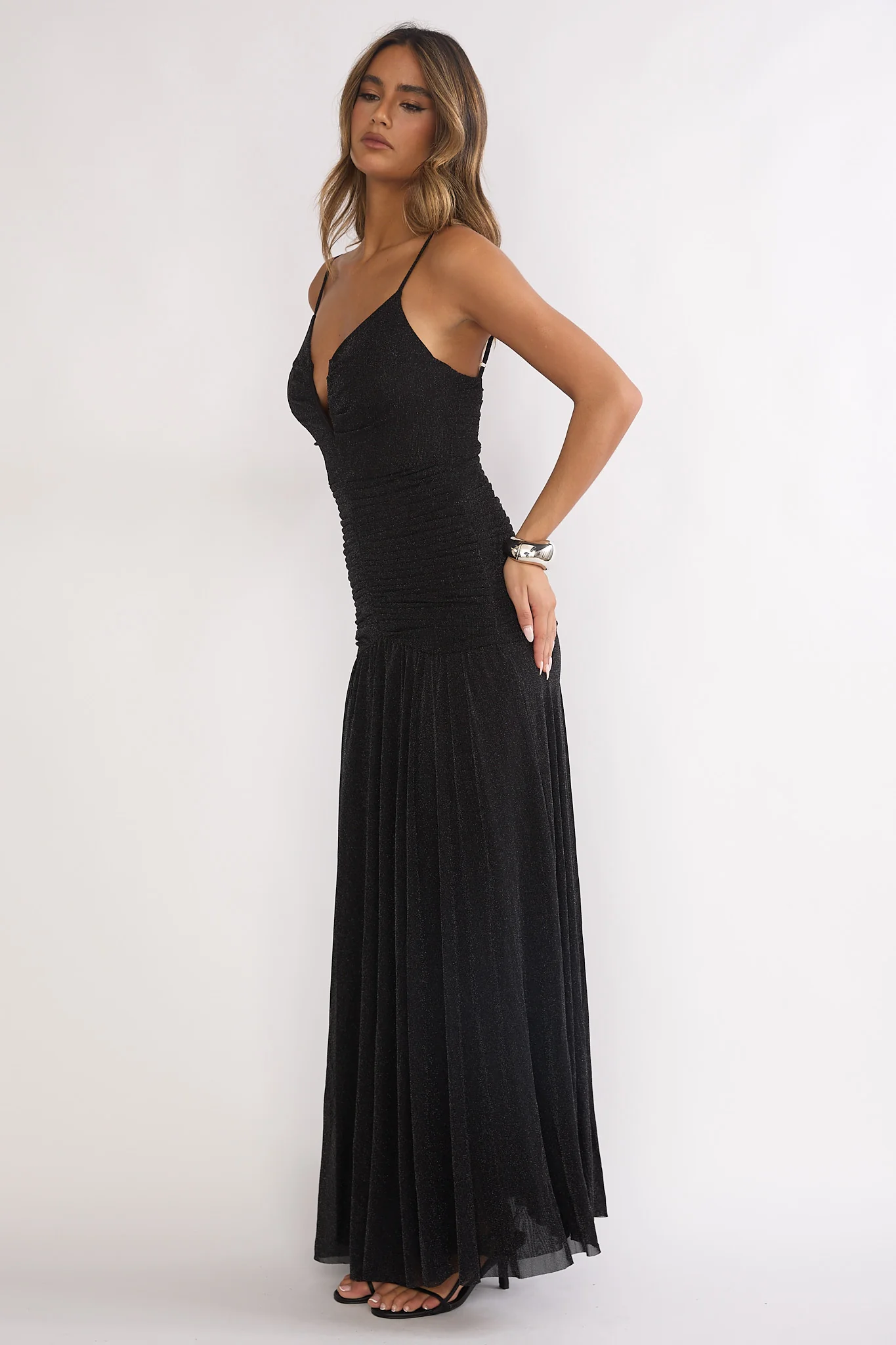 Orizel Pintuck Drop Waist Maxi Dress Sparkle Black