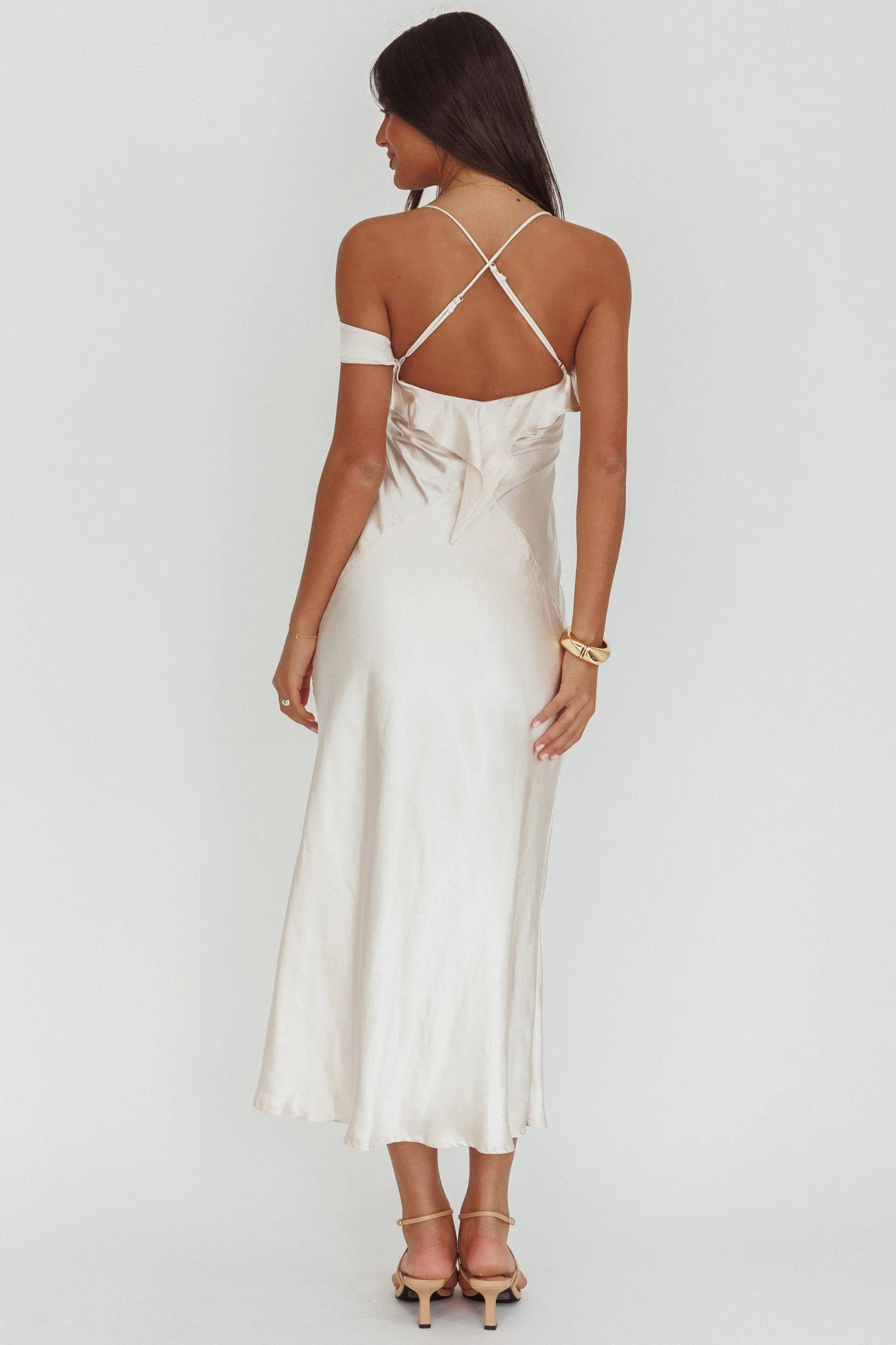 Lexington Draped Shoulder Criss-Cross Back Maxi Dress Oyster