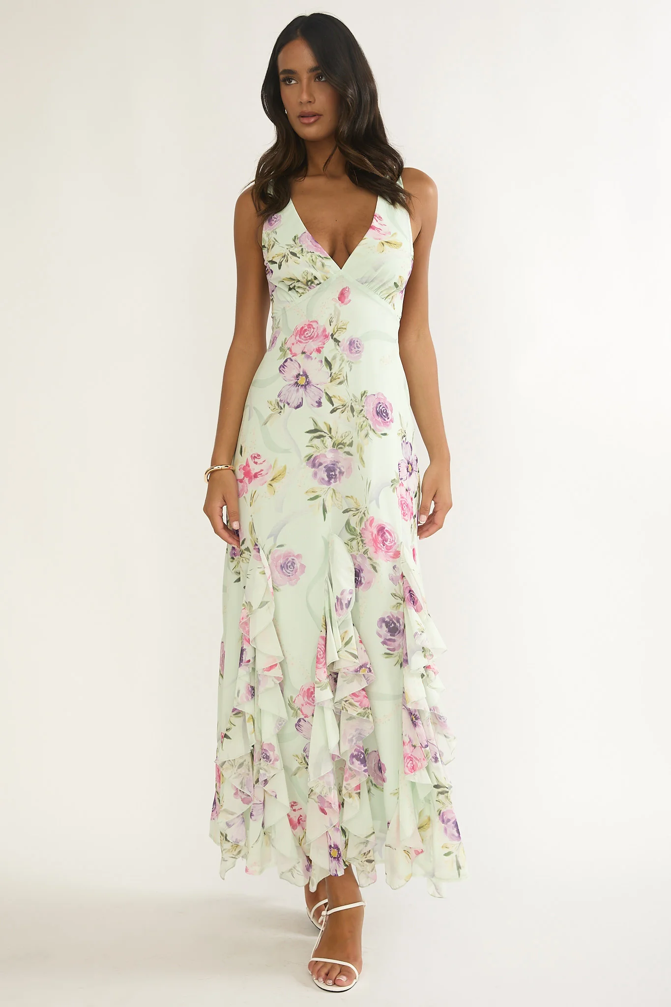 Elenya Strappy Back Ruffle Trim Maxi Dress Mint Floral
