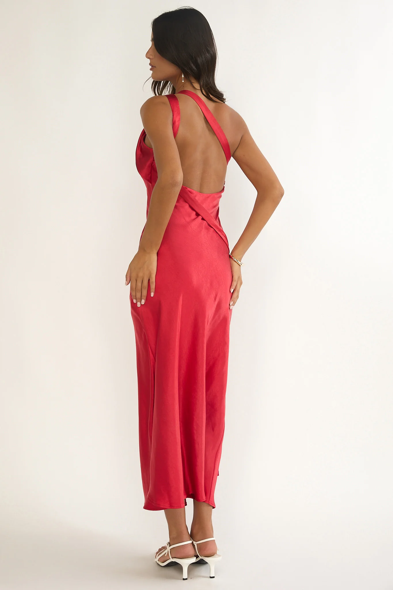 Star Fall One-Shoulder Rosette Maxi Dress Red
