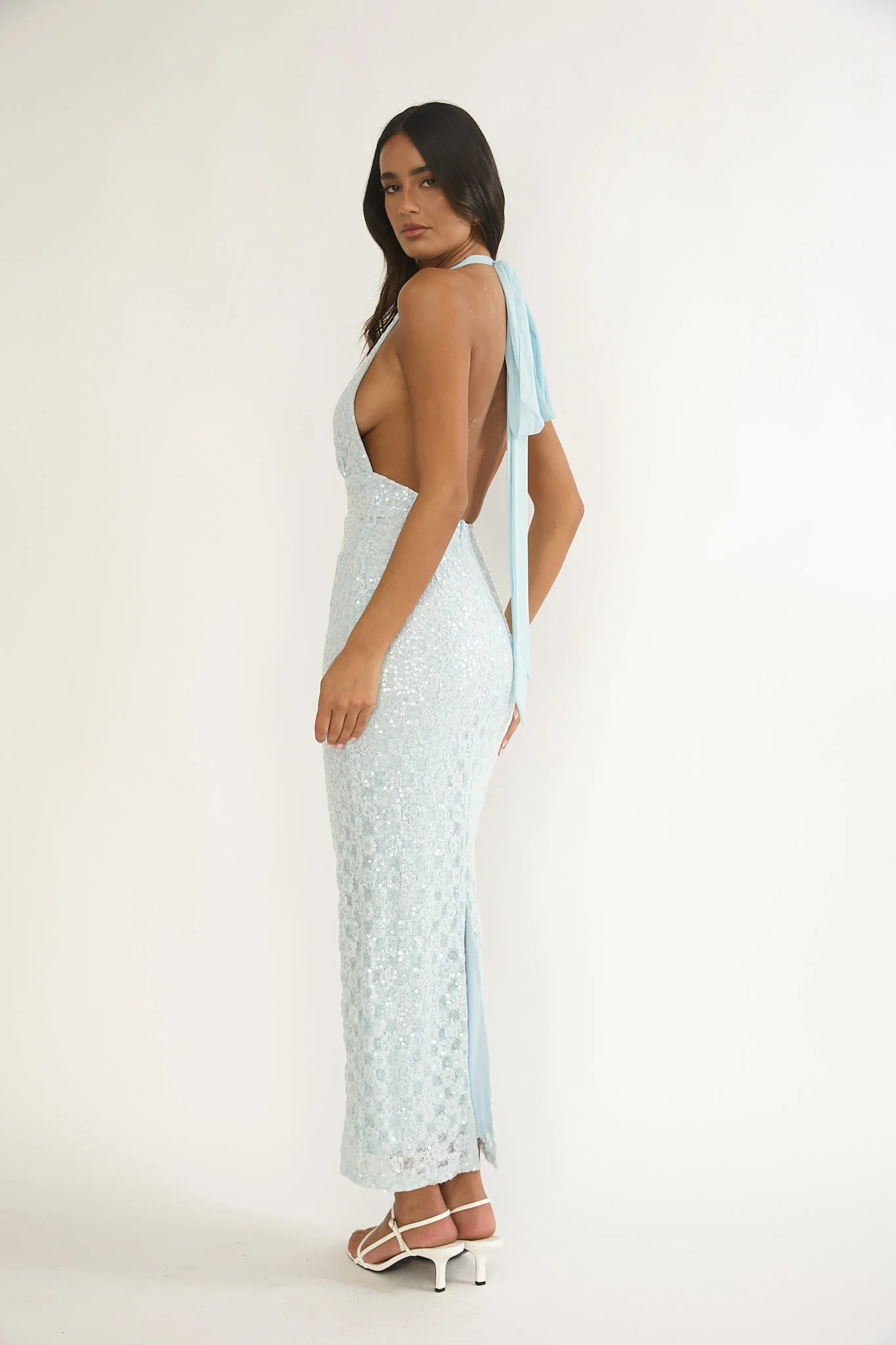 Cipriana Backless Halter Maxi Dress Sequin Blue