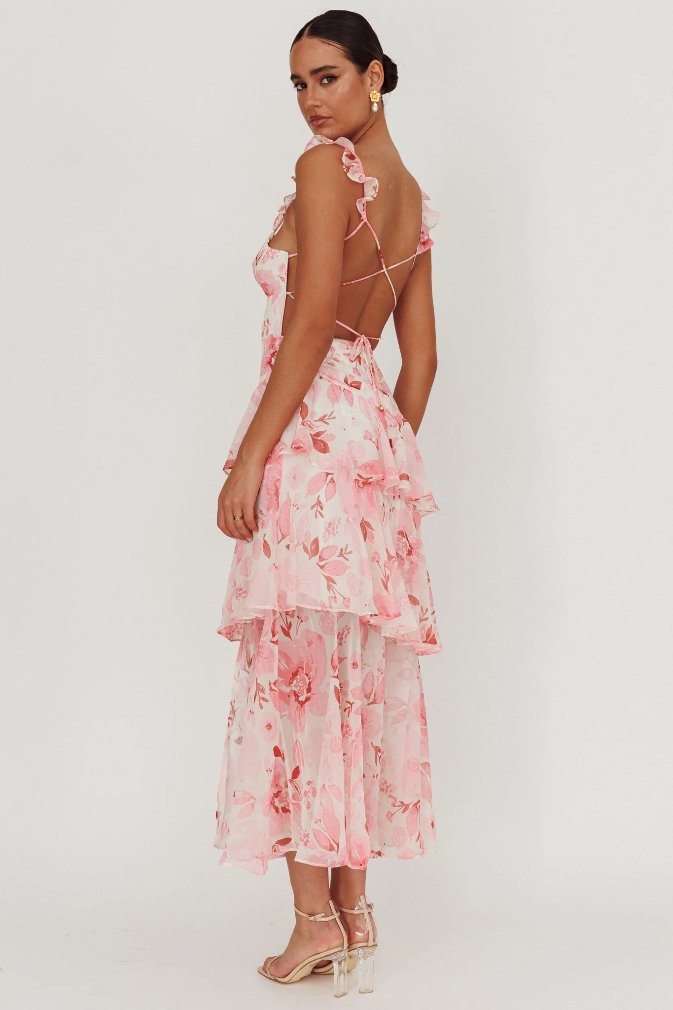 Veda Strappy Back Ruffle Maxi Dress Flowers Blush