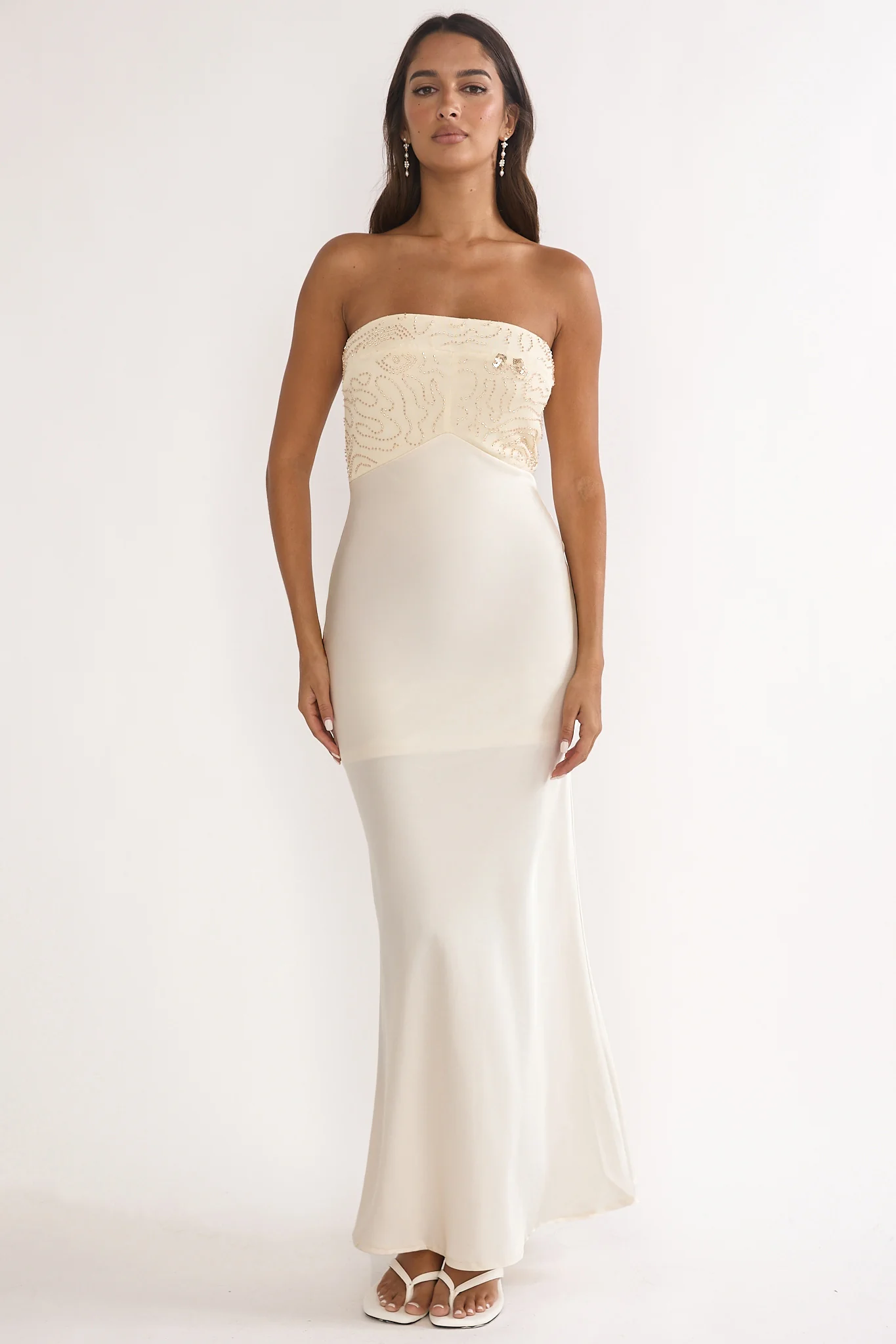 At Dusk Beaded Bust Strapless Maxi Dress Oyster