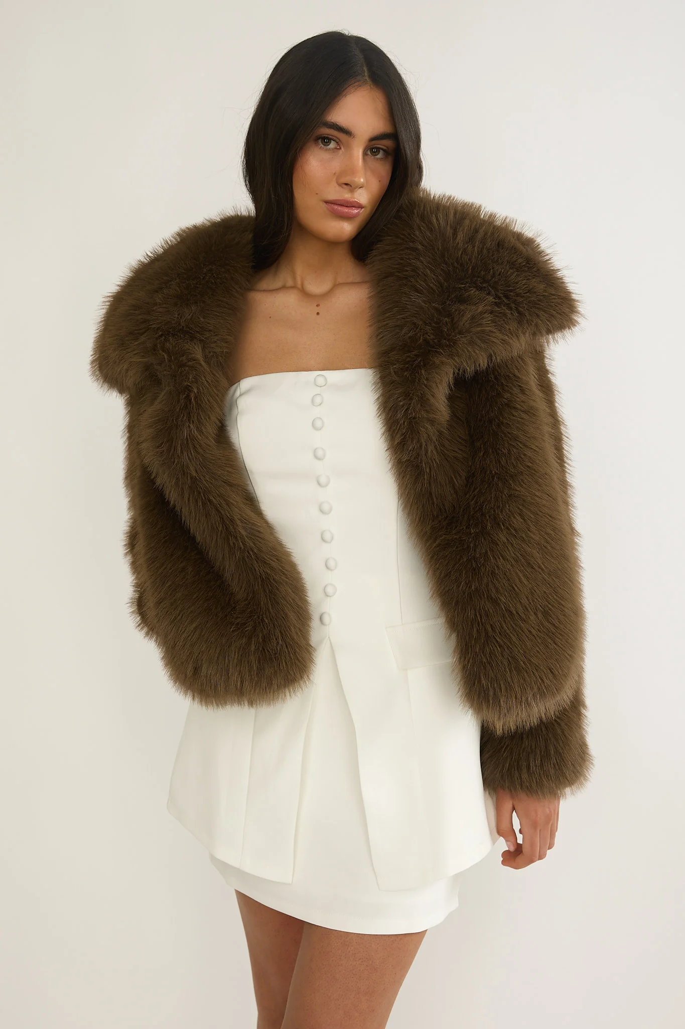 Harlequinn Oversized Lapel Faux Fur Jacket Coffee