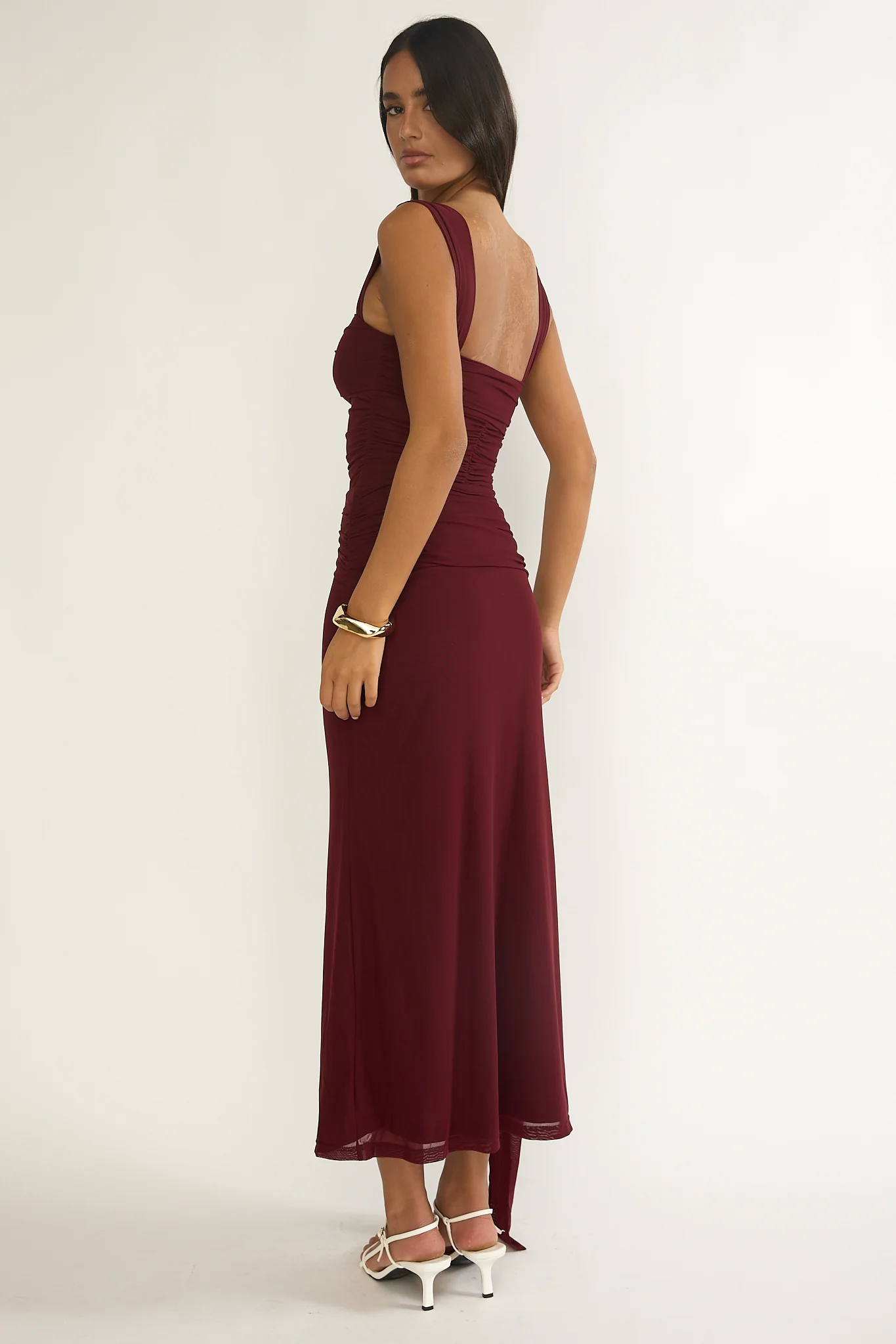 Emara Ruched Waist Sash Maxi Dress Burgundy