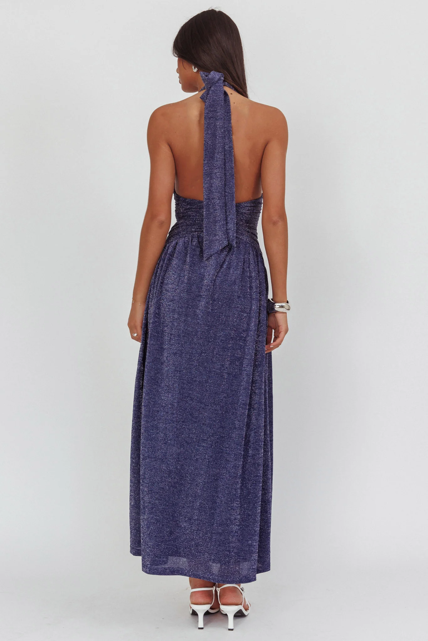 Italia Azure Gathered Waist Maxi Dress Shimmer Navy