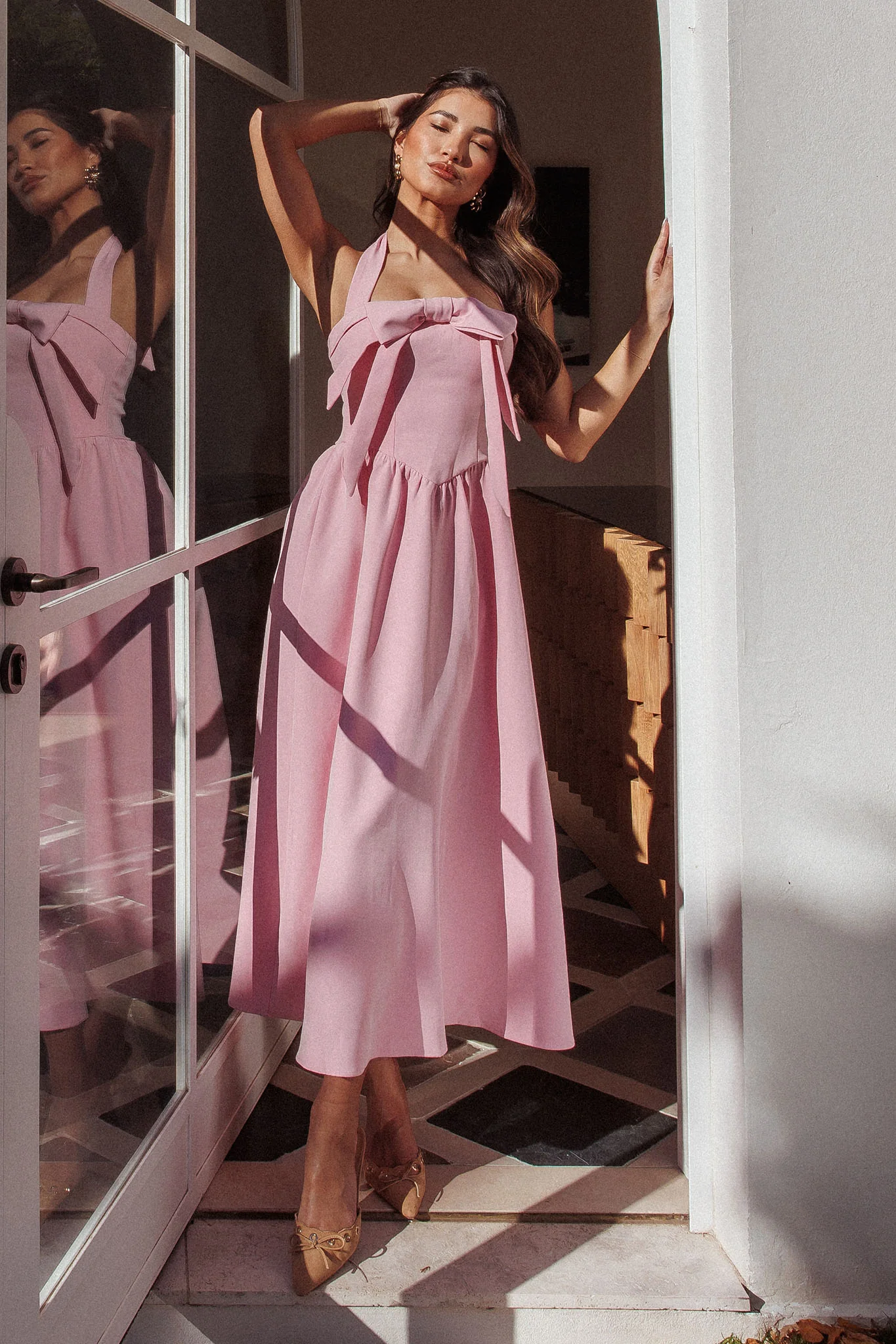 Ariarna Bow Halter Maxi Dress Pink Sorbet