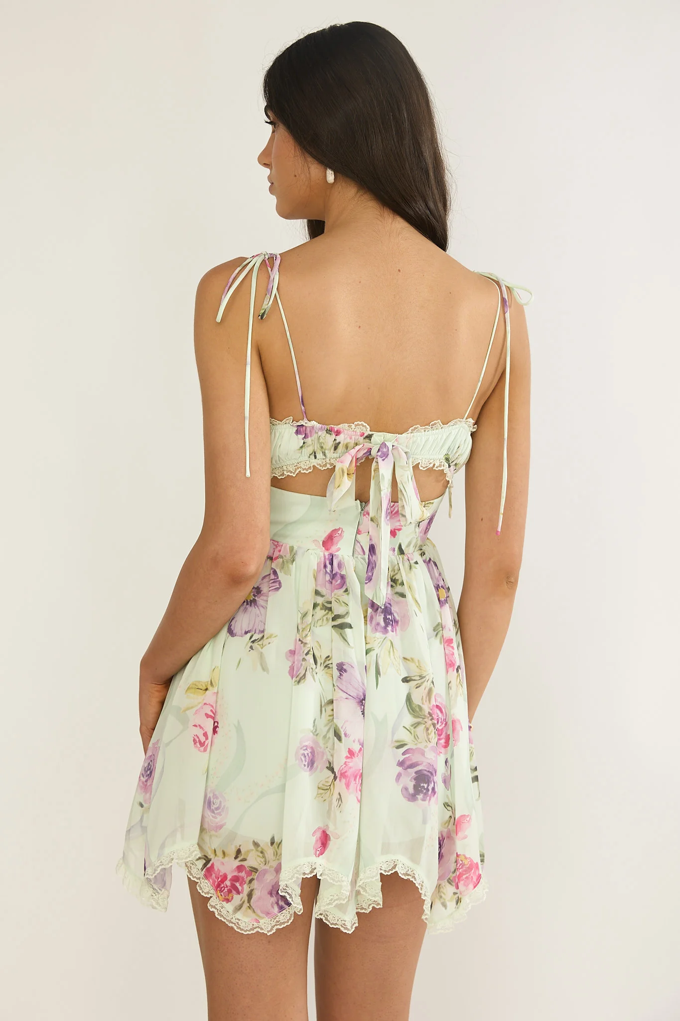 Gisora Tied Back Lace Trim Romper Floral Mint