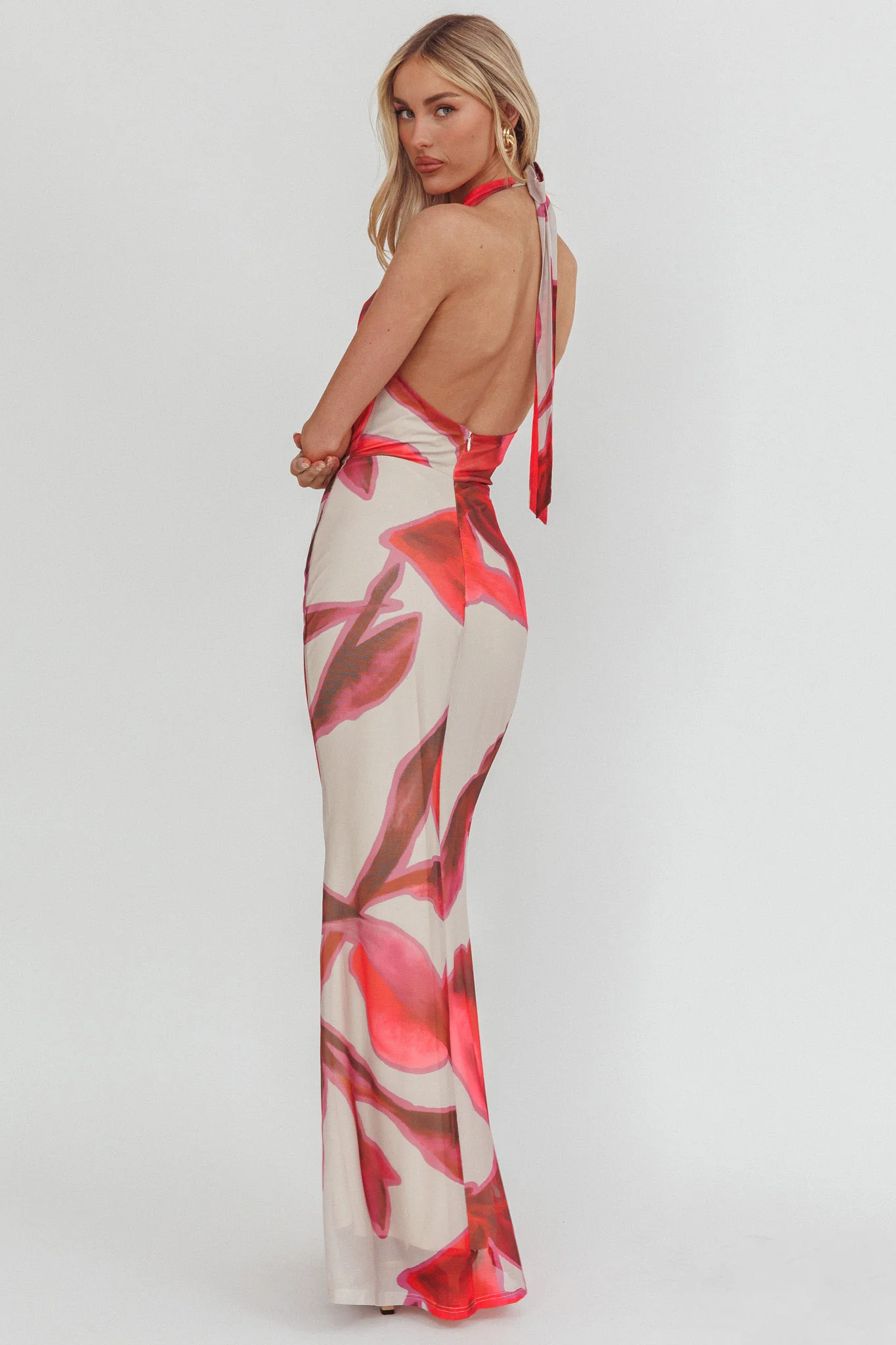 Outlier Cowl Halterneck Maxi Dress Print Beige