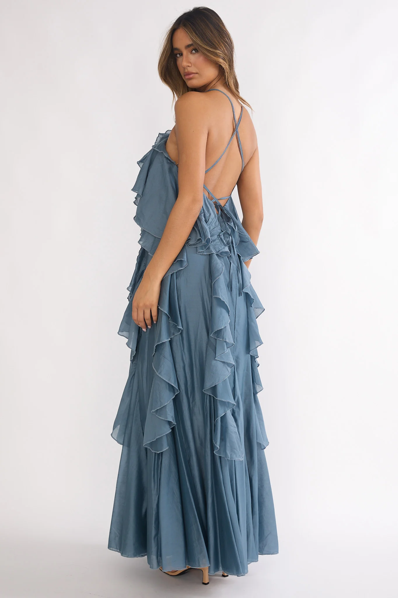 Oceara Ruffle Trim Spaghetti Strap Maxi Dress Slate Blue