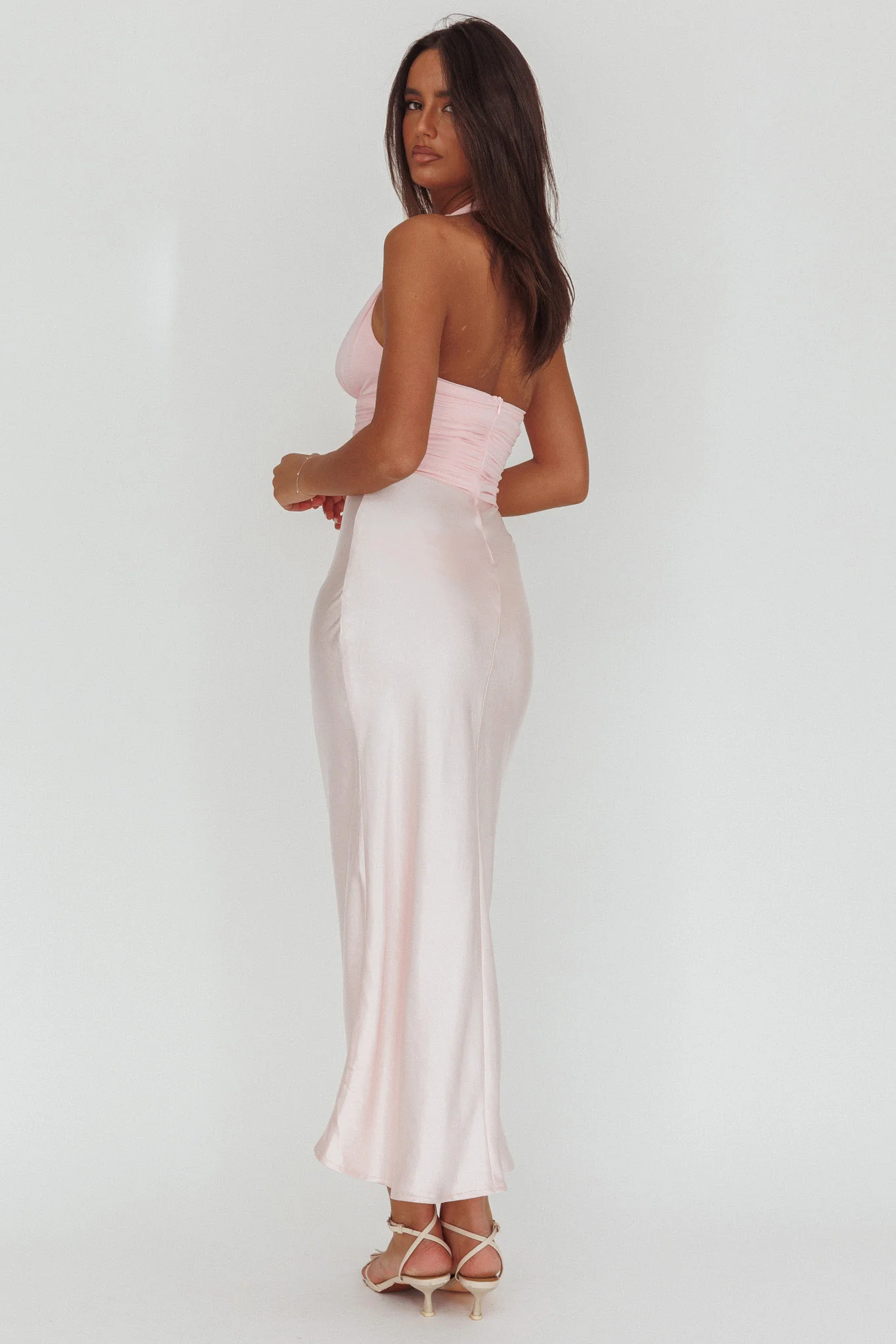 Heliora Halterneck Rosette Bust Maxi Dress Pink