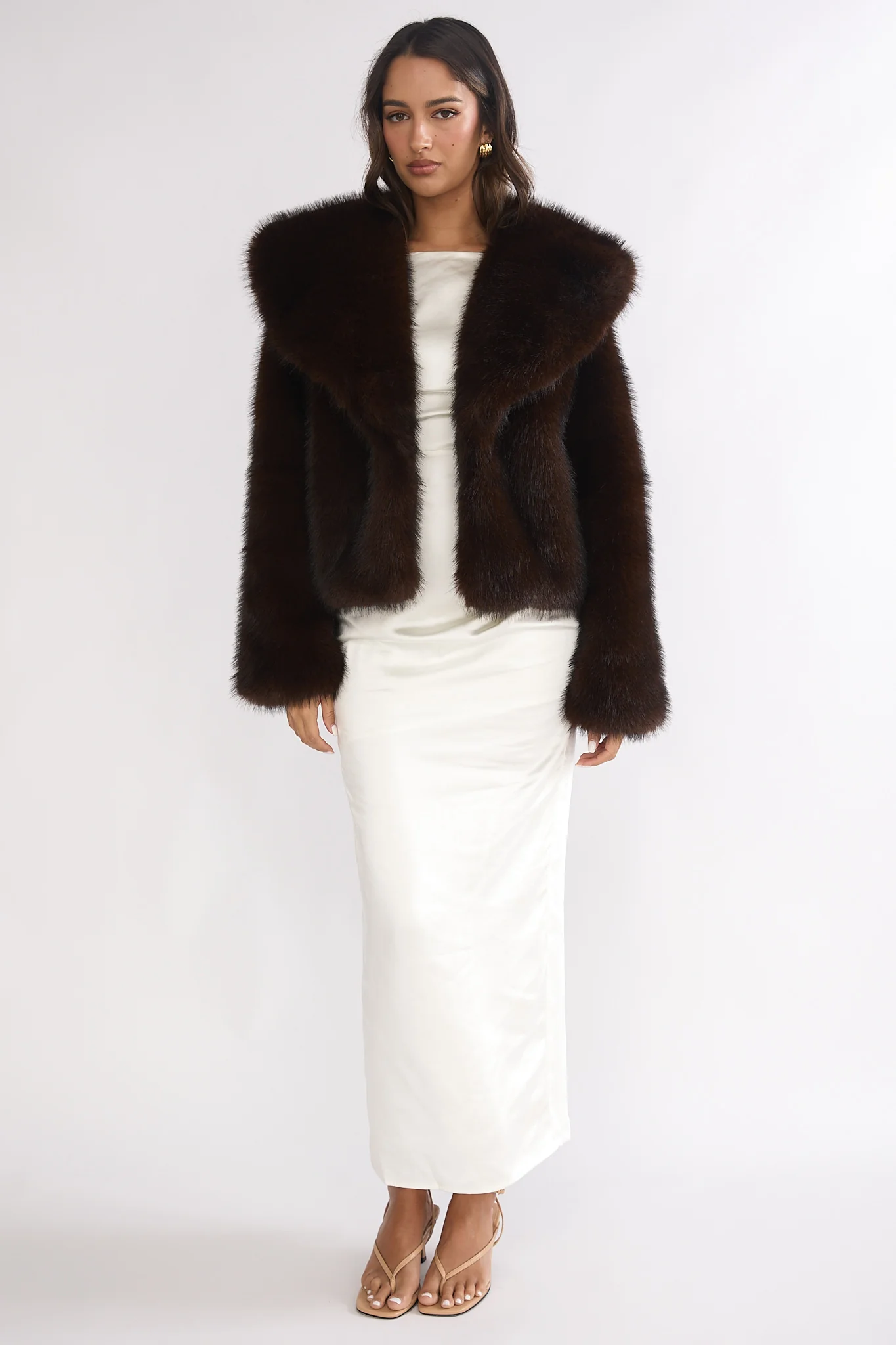 Marella Oversized Lapel Faux Fur Jacket Coffee