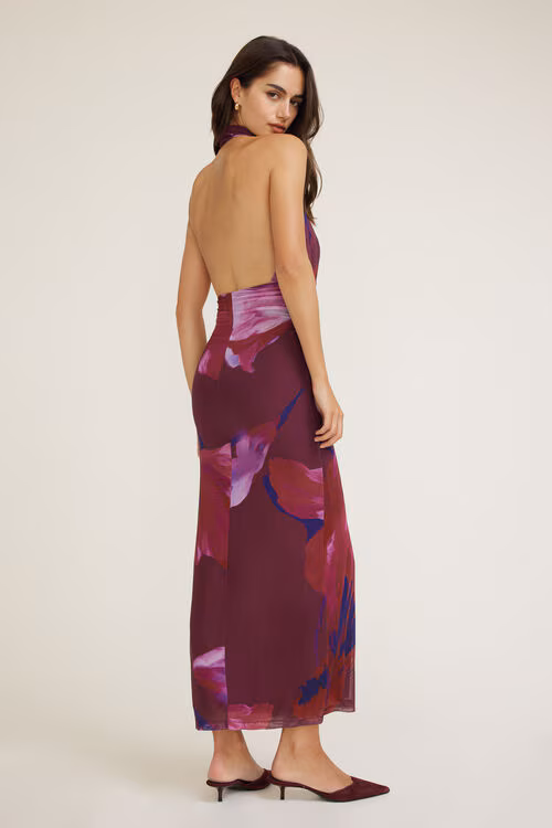 Halter Cowl Neck Mesh Maxi Dress