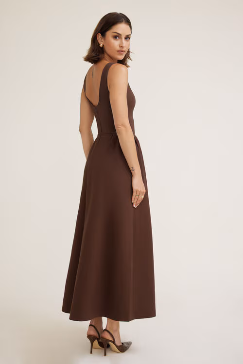 Iris Flared Ponte Maxi Dress-Bitter Chocolate Burgundy