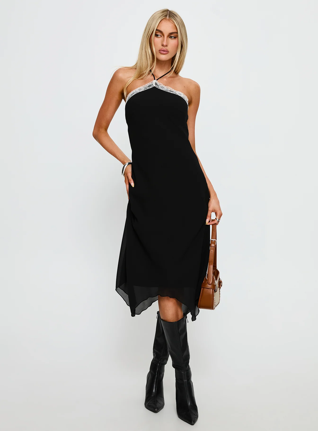 Naila Halter Lace Trim Midi Dress Black