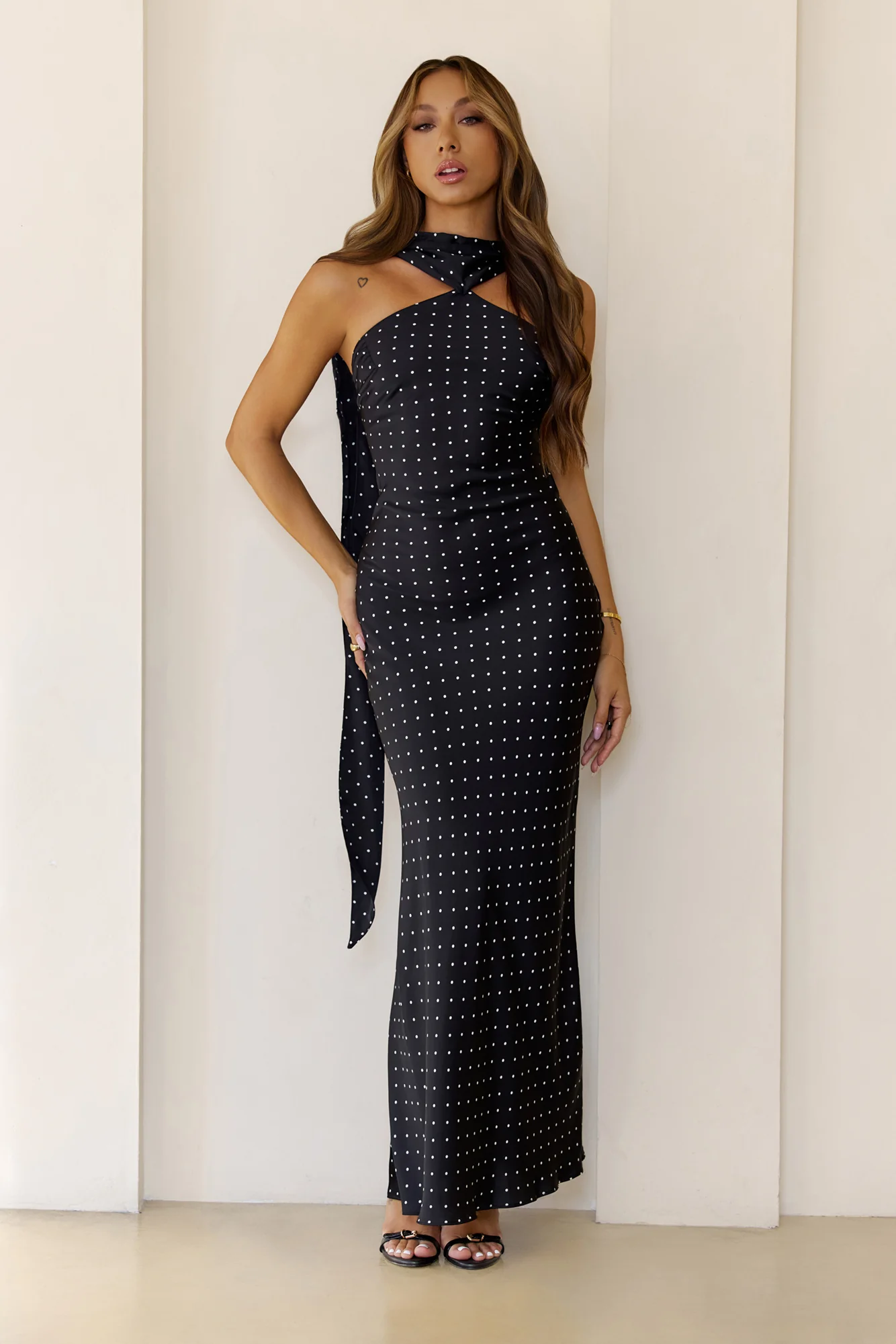 Orchid Dusk Polka Dot Satin Maxi Dress Black