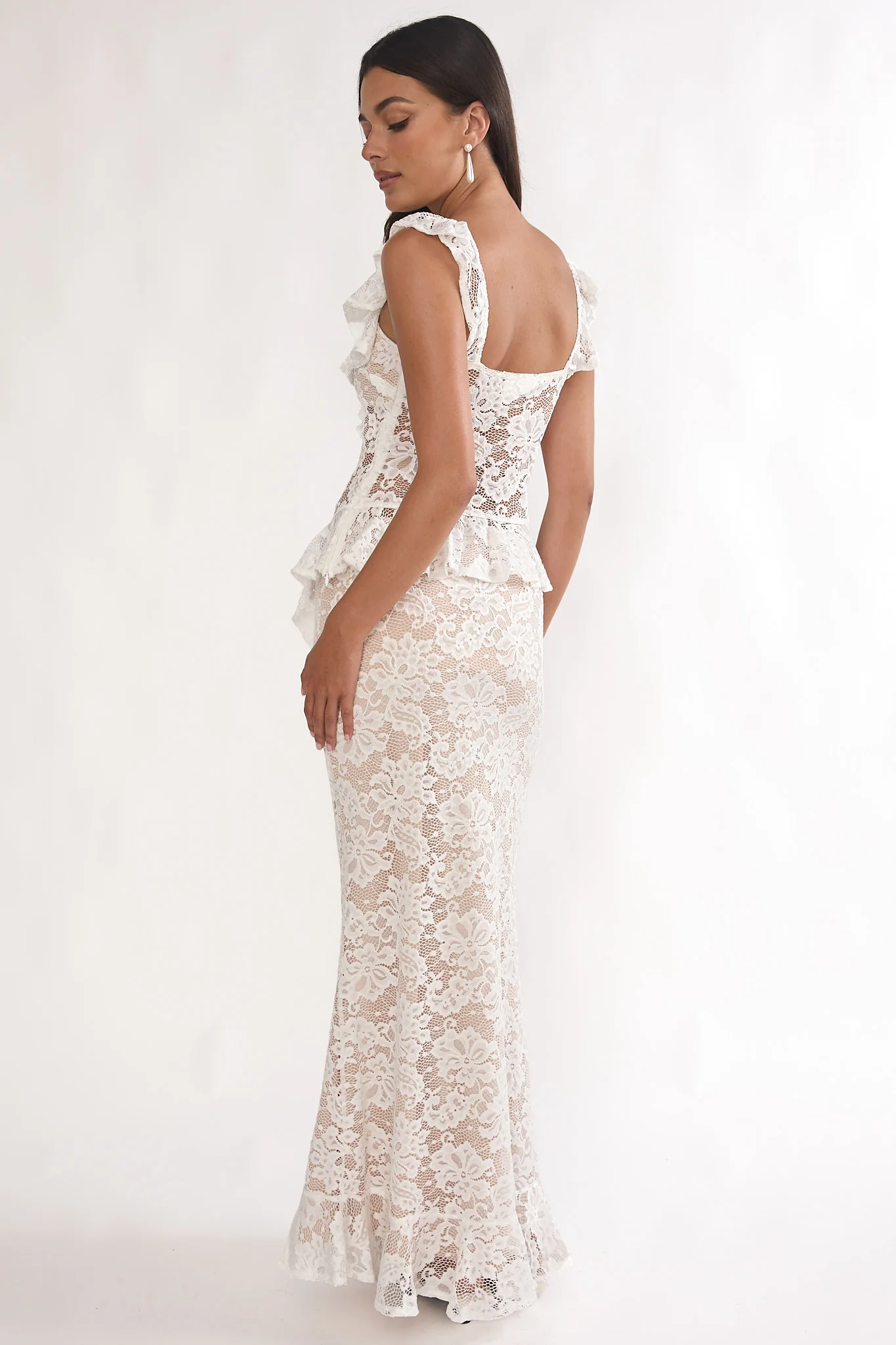 Kelina Ruffle Hem Lace Maxi Skirt White