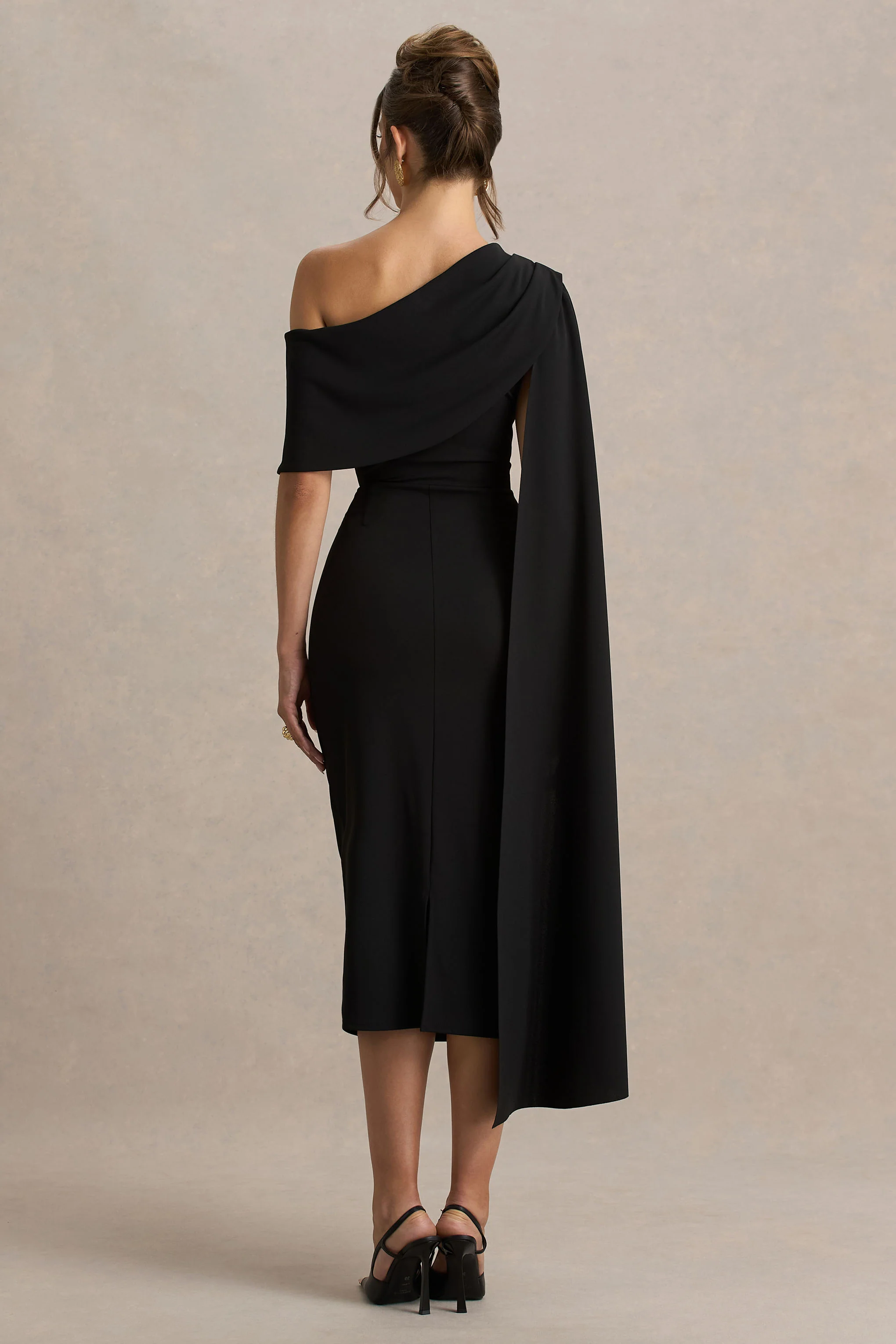 Leah | Black Asymmetric-Neck Midi Dress With Cape-Sleeve