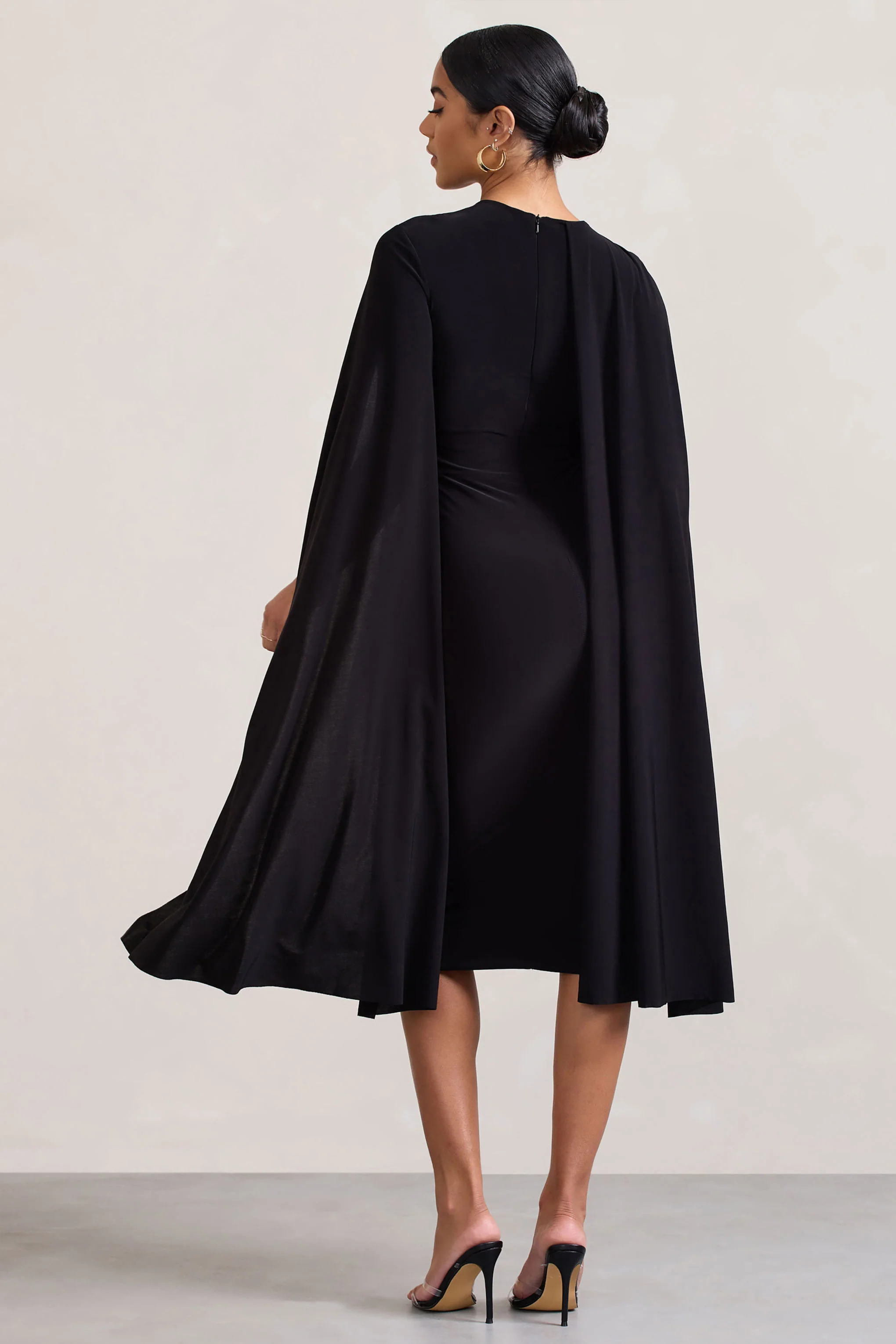 Marysol | Black Asymmetric Cape Midi Dress