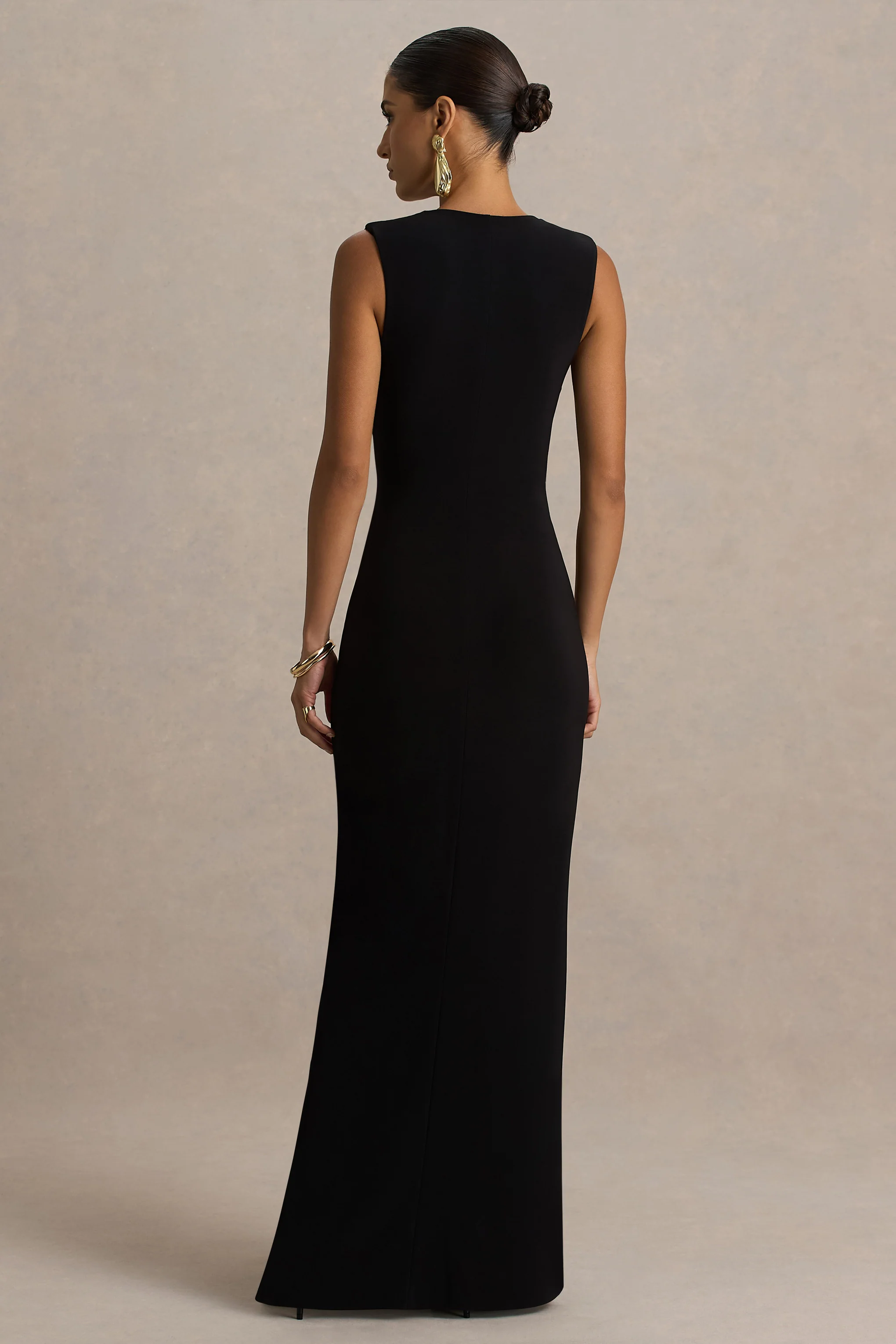 Alena | Black Extreme-Plunge Neck Maxi Dress With Gold Detail