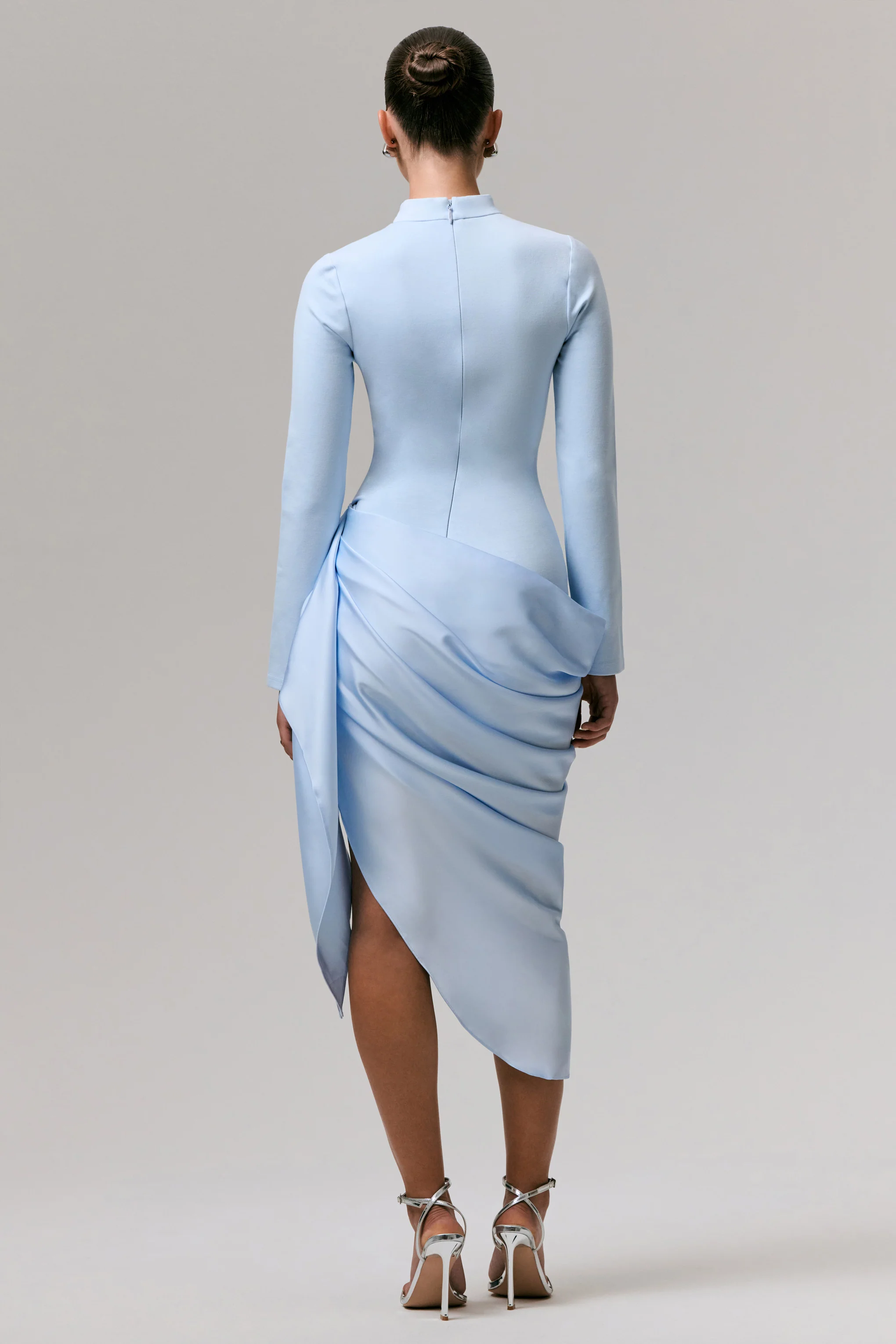 Raffie | Powder Blue Long-Sleeve Midi Dress With Satin Wrap Skirt