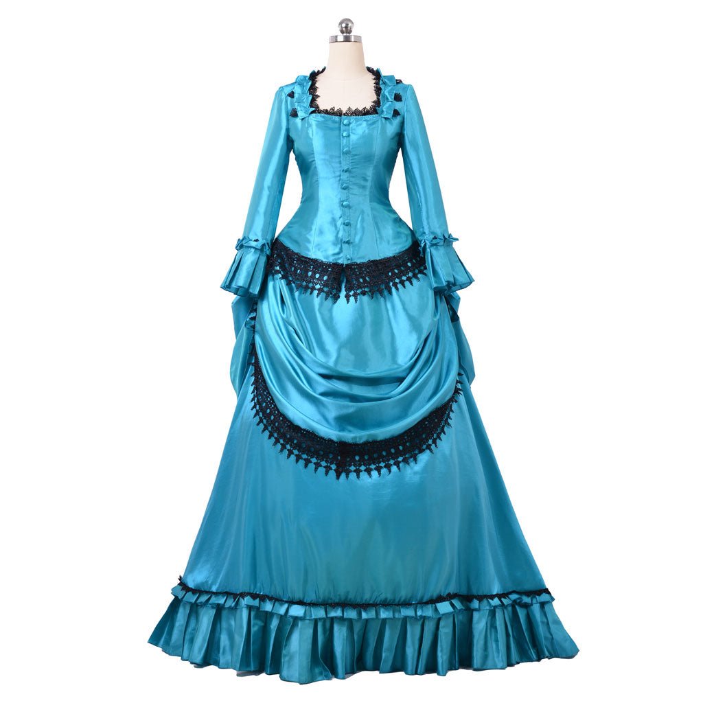 Viktorianisches 1860er Blaues Bustle Ballkleid | Britisch Aristokratisches Spazierkleid | Herzogin Stil Langes Kleid