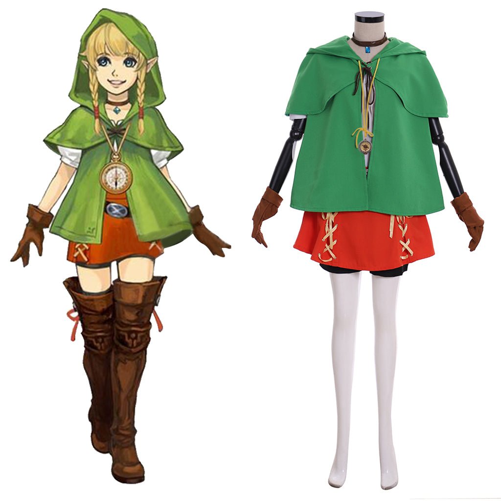 Linkle Cosplay Elf Kostüm Vollständiges Set mit grünem Umhang, Hemd, Hose und Rock