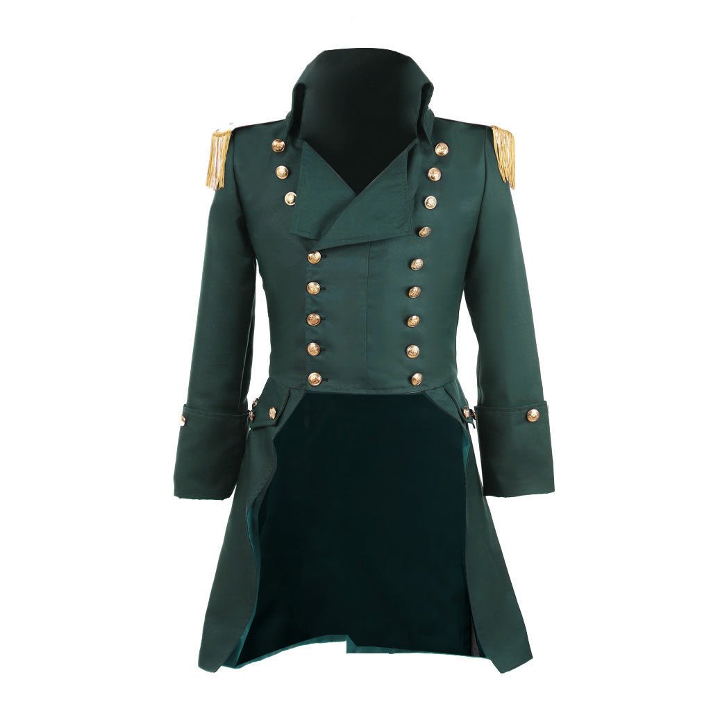 Männlicher Kolonialer Grüner Militärmantel - Viktorianischer Regency Frack | Hamilton Cosplay Jacke | Silberkönig Mittelalter Serie