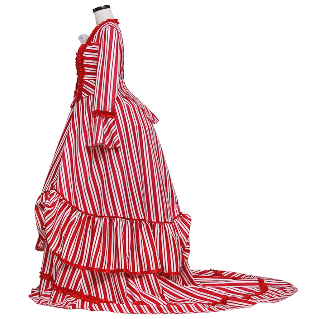 Sweeney Todd Mrs. Lovett Cosplay Kostüm – Viktorianisches Bustle-Kleid Rot-Weiß Gestreiftes Kleid für Frauen
