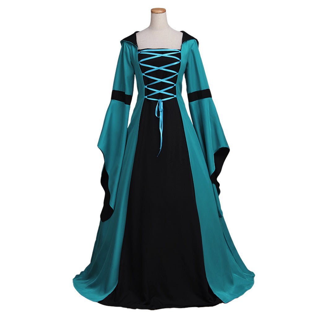Neues Damen Vintage Mittelalter Kostüm Renaissance Viktorianisches Quadratisches Dekolleté Weite Ärmel Spitze Patchwork Kapuzen Gothic Kleid