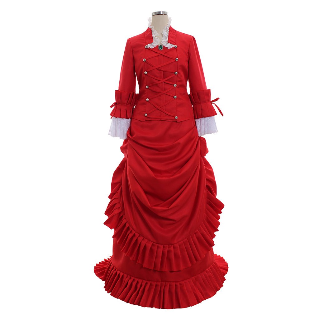 Viktorianisches Rotes Bustle Ballkleid | 1860er Herzogin Trägerkleid für Historische Veranstaltungen