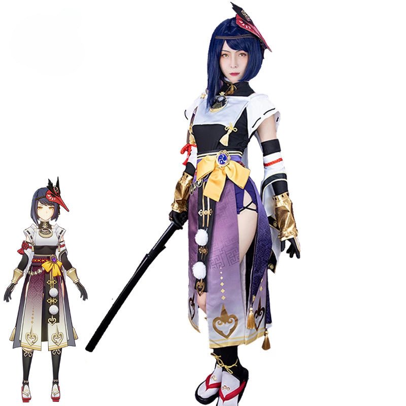 Kujou Sara Cosplay Kostüm Genshin Impact Sara Kostüm Damenkleid Outfits Halloween Komplettset mit rotem Kopfschmuck