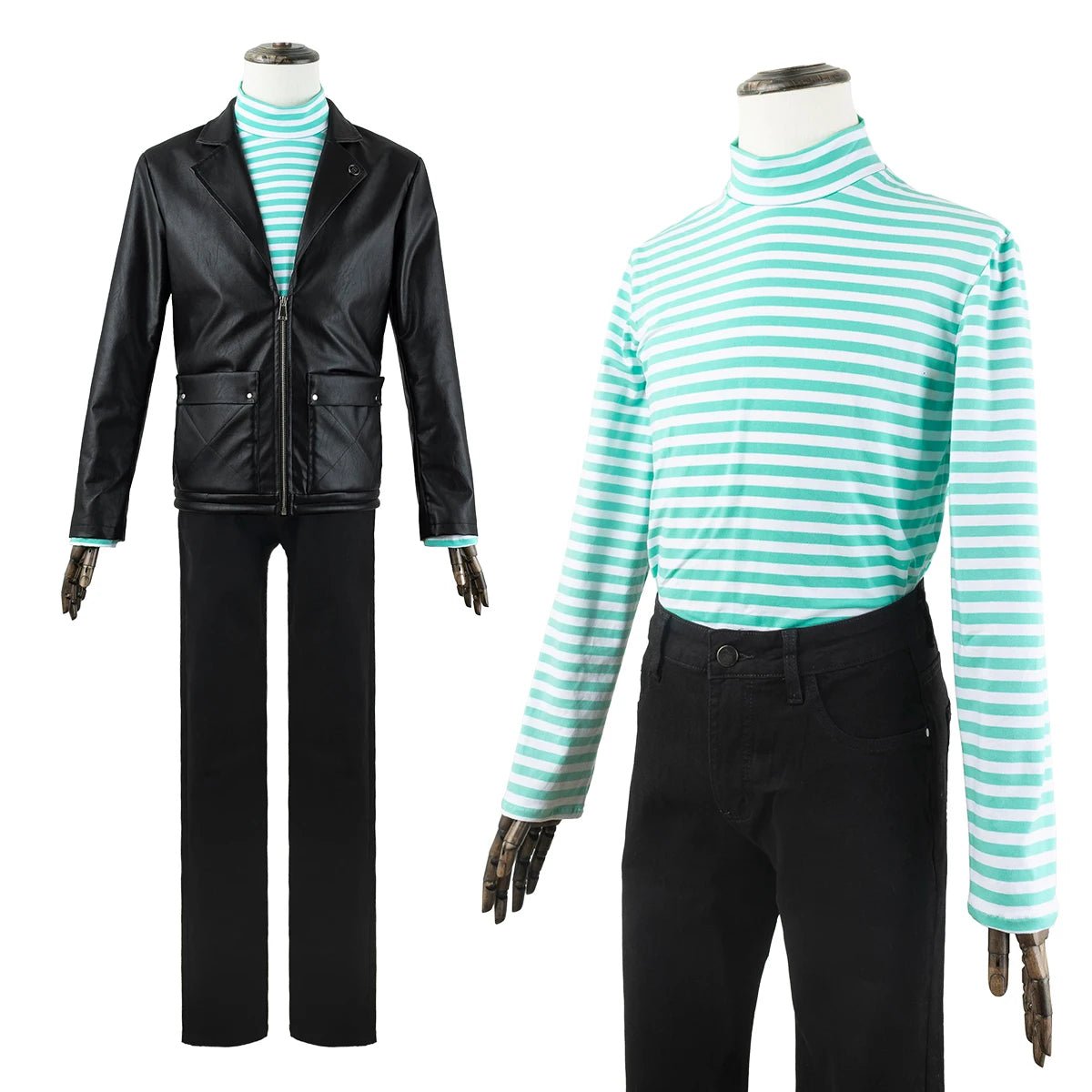 Blue Lock Anime Rin Itoshi Cosplay Kostüm Perücke Kunstleder Jacke Baumwoll Streifen T-Shirt