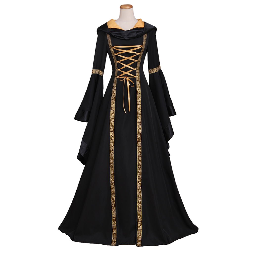 Maßgeschneidertes Renaissance Mittelalterliches Gotisches Langes Schwarzes Gekapptes Kleid für Frauen Halloween Ballkleider Kostüme