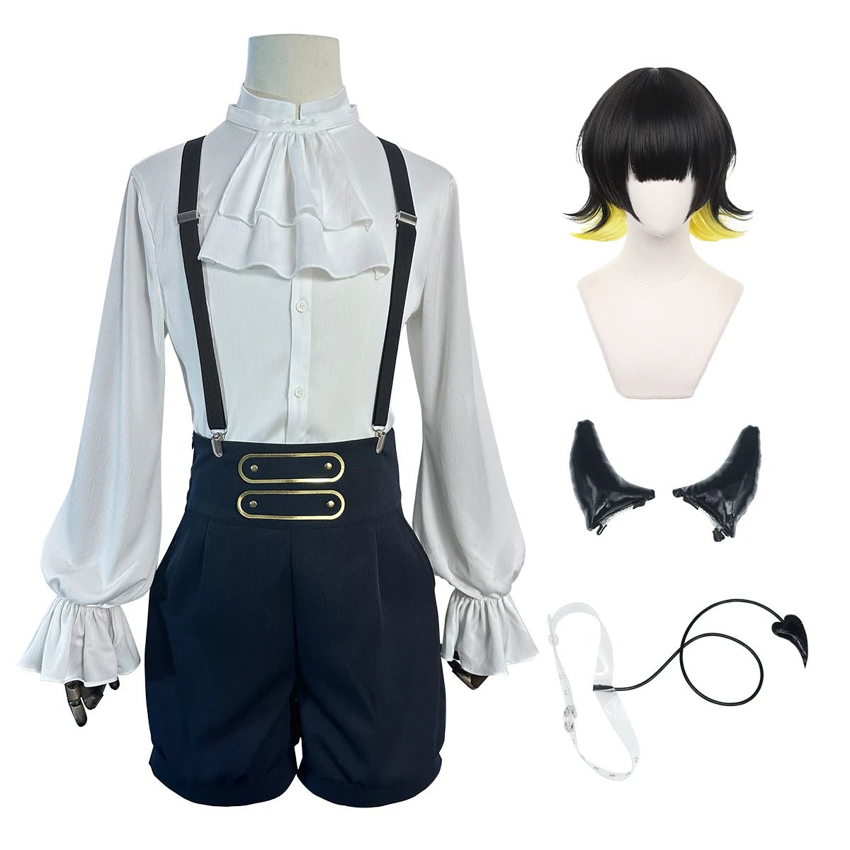 Blue Lock Anime Bachira Cosplay Kostüm Perücke Engel und Dämonen Böses Horn Schwanz Hemd Shorts Rosennetz
