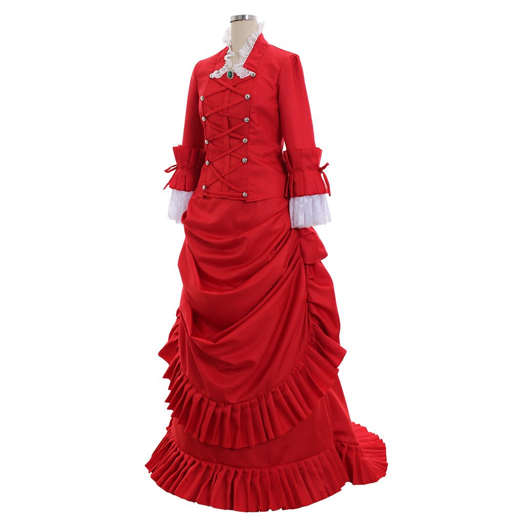 Viktorianisches Rotes Bustle Ballkleid | 1860er Herzogin Trägerkleid für Historische Veranstaltungen